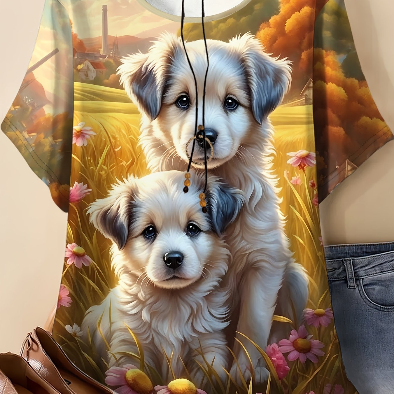 TEMU Women's Plus Size Round Neck Short Sleeve T-shirt, Pastoral Double Puppy Print, Comfortable And Breathable, Versatile For Home And Out