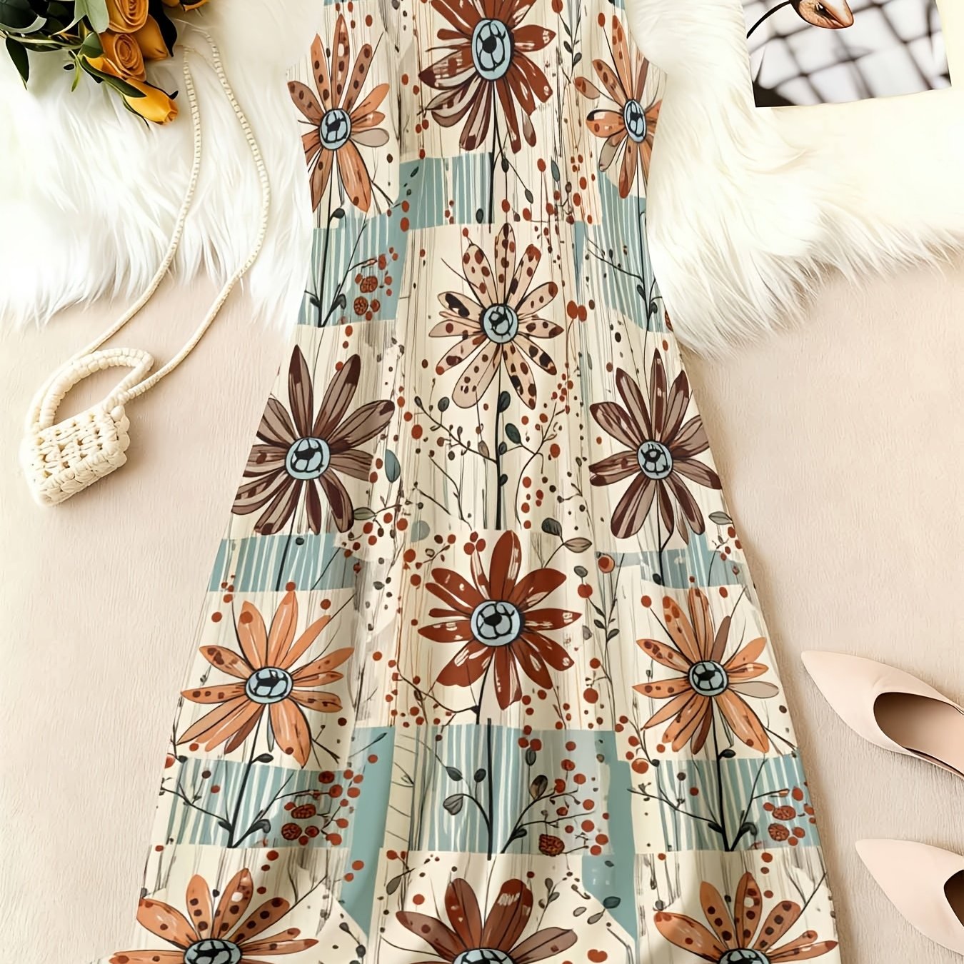 Plus Size, Floral Sleeveless Dress Women's Summer Casual Loose Mid-length Dress Daisy Pattern Striped Background Suitable Daily Wear And Casual