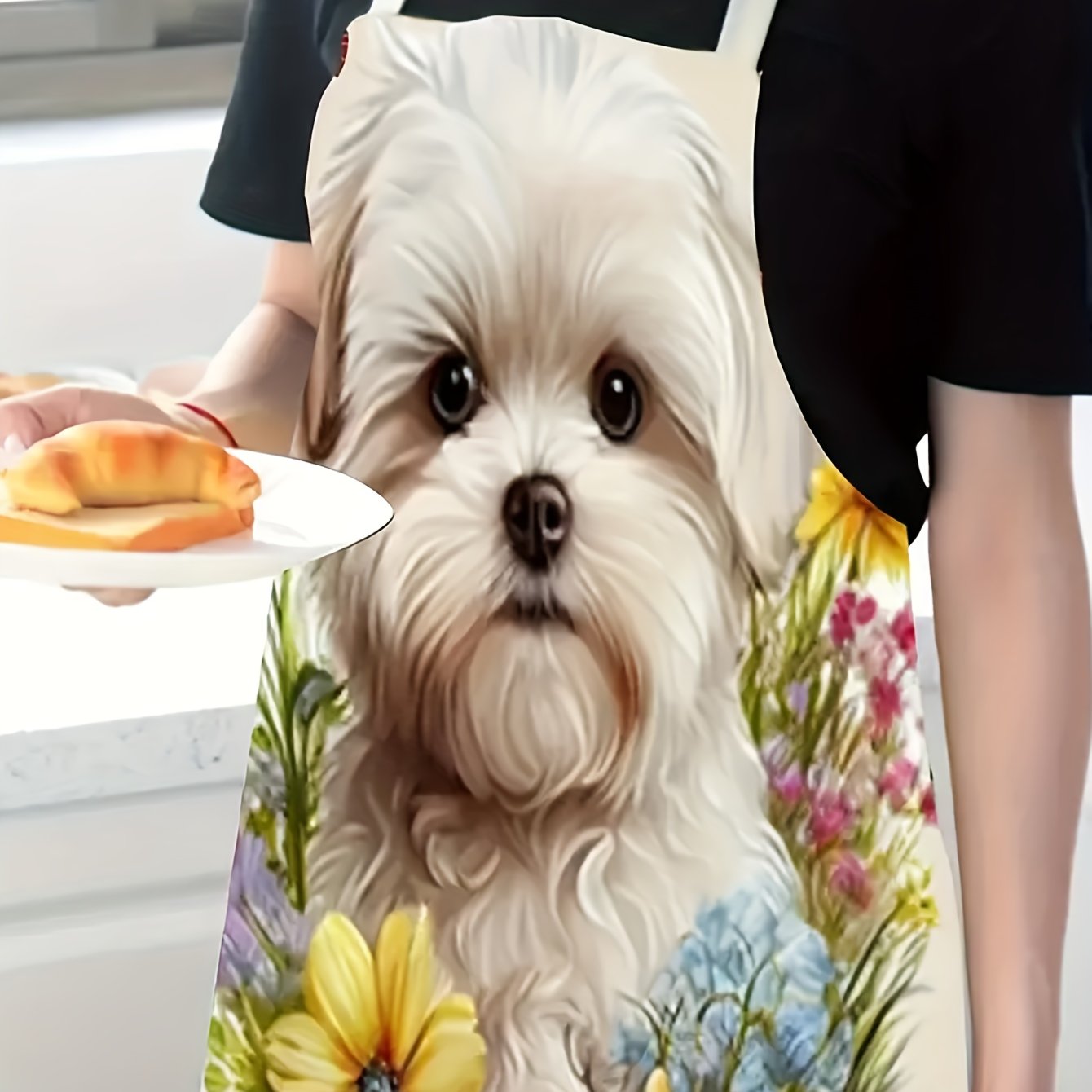 TEMU Cute Puppy & Floral Print Linen Apron With Halter Neck - Non-stretch, Hand Washable For Cooking, Baking, Gardening