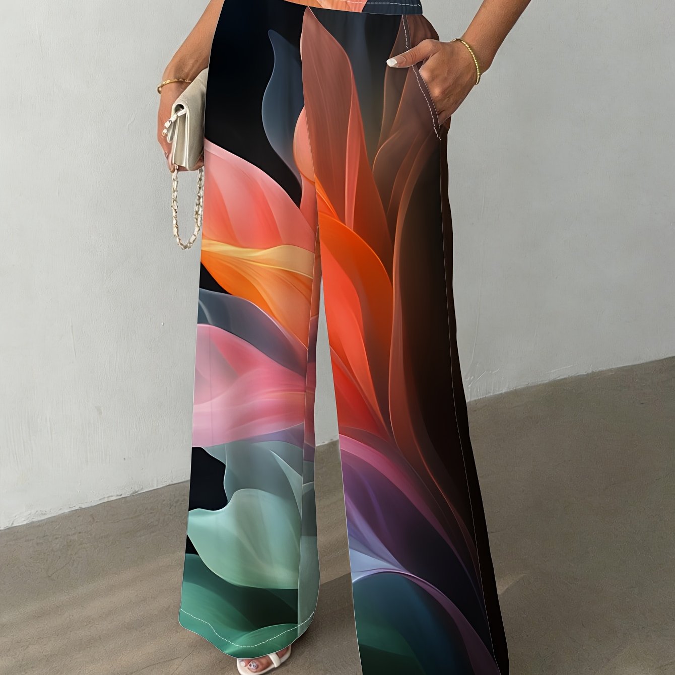 TEMU Women's Straight-leg Pants With Vivid Abstract Floral Prints. Made Of Stretch Fabric With Chic Hemlines, Ideal For Casual , Beach Trips, Office