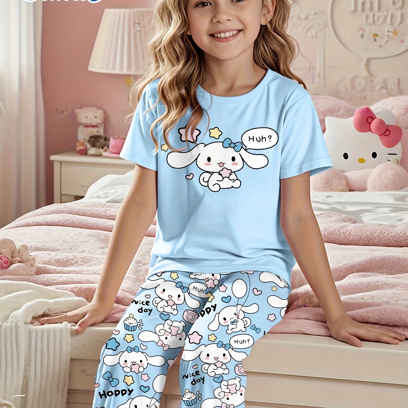 Image of Flame Retardant Girls' Short Sleeve Long Pants Summer Round Neck Blue Dog Pajama Set