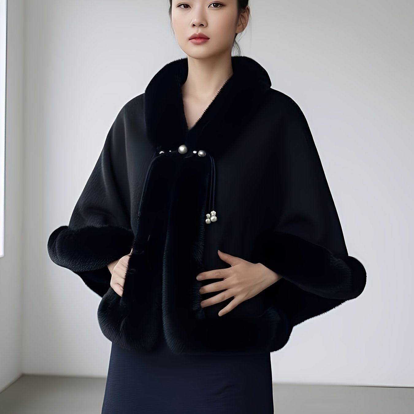 TEMU Plus Size - Fleece-lined New Cape Scarf Black Autumn Winter Warm Temperament Coat