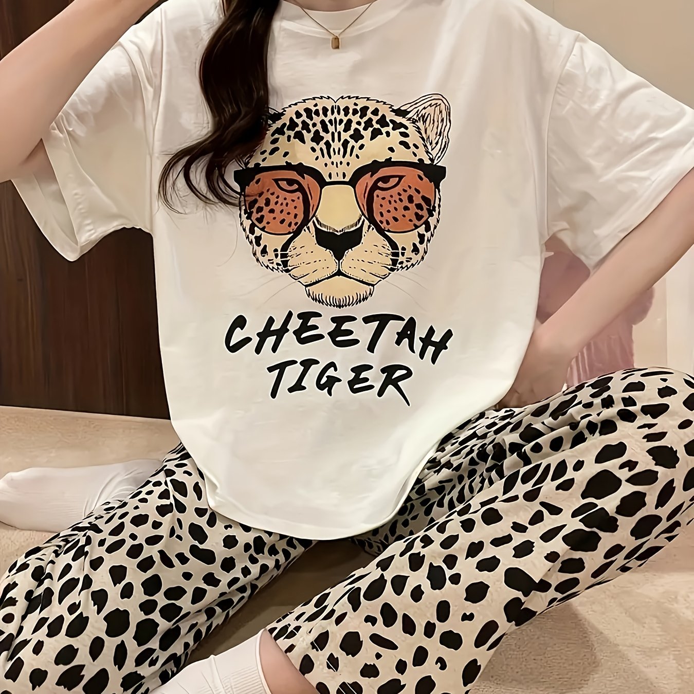 TEMU レオパードプリント＆レターパターンデザインのな女性用夏カジュア、トップスとウエストパンツ付き、自宅や外出に最適