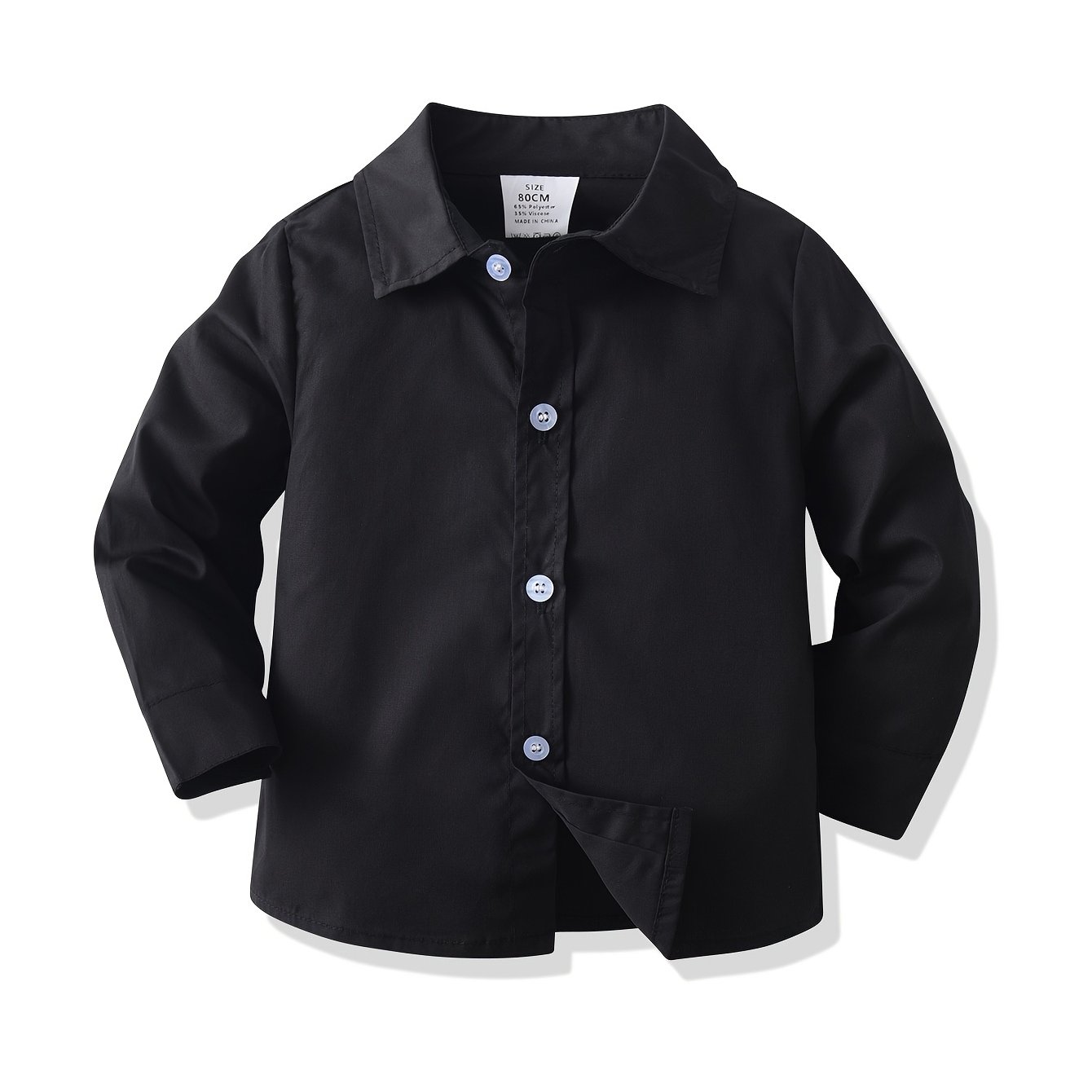 Image of Boys' Summer New Long Sleeve Solid Color Shirt, Black, Dress Shirt, Gentleman Style Shirt, Formal Shirt, Casual Gathering Activity Performance Shirt, Suit Shirt, Graduation Gown