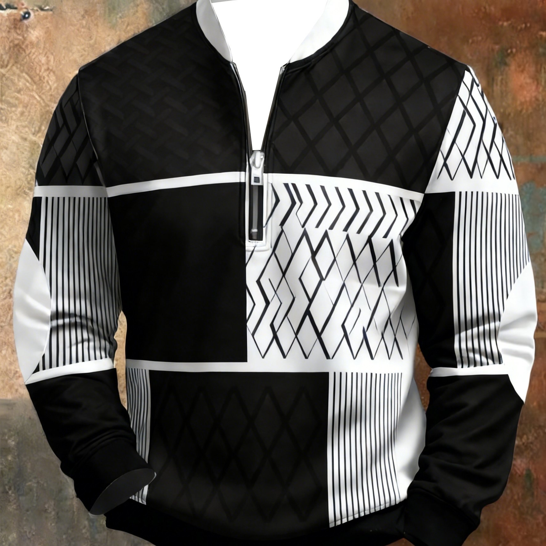 TEMU [print Design - Not Textured] Men's Craft White Geometric Texture Plain Sweatshirt Fabric Half-zip Sweatshirt Autumn Winter New Product Zipper