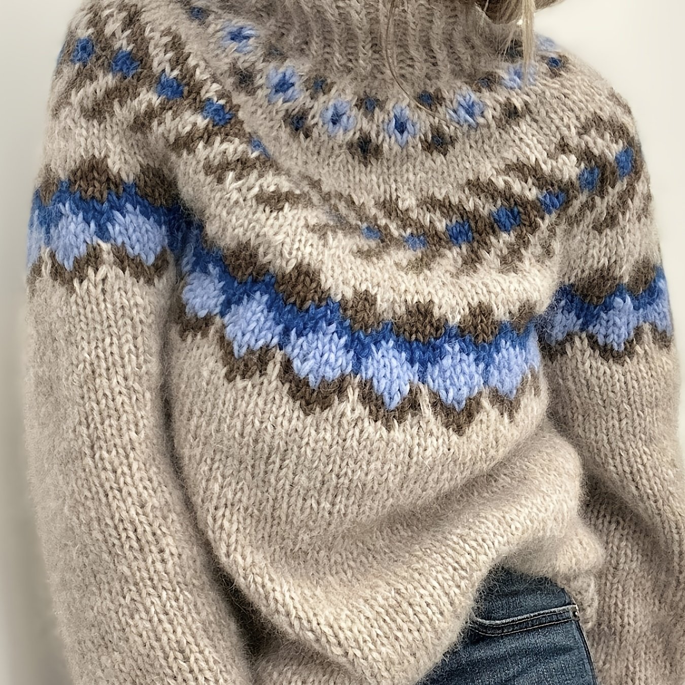 TEMU Pull à col roulé pour femme en jacquard Fair Isle, style islandais vintage à motif color-block, , haut et épais à manches longues, pull chaud