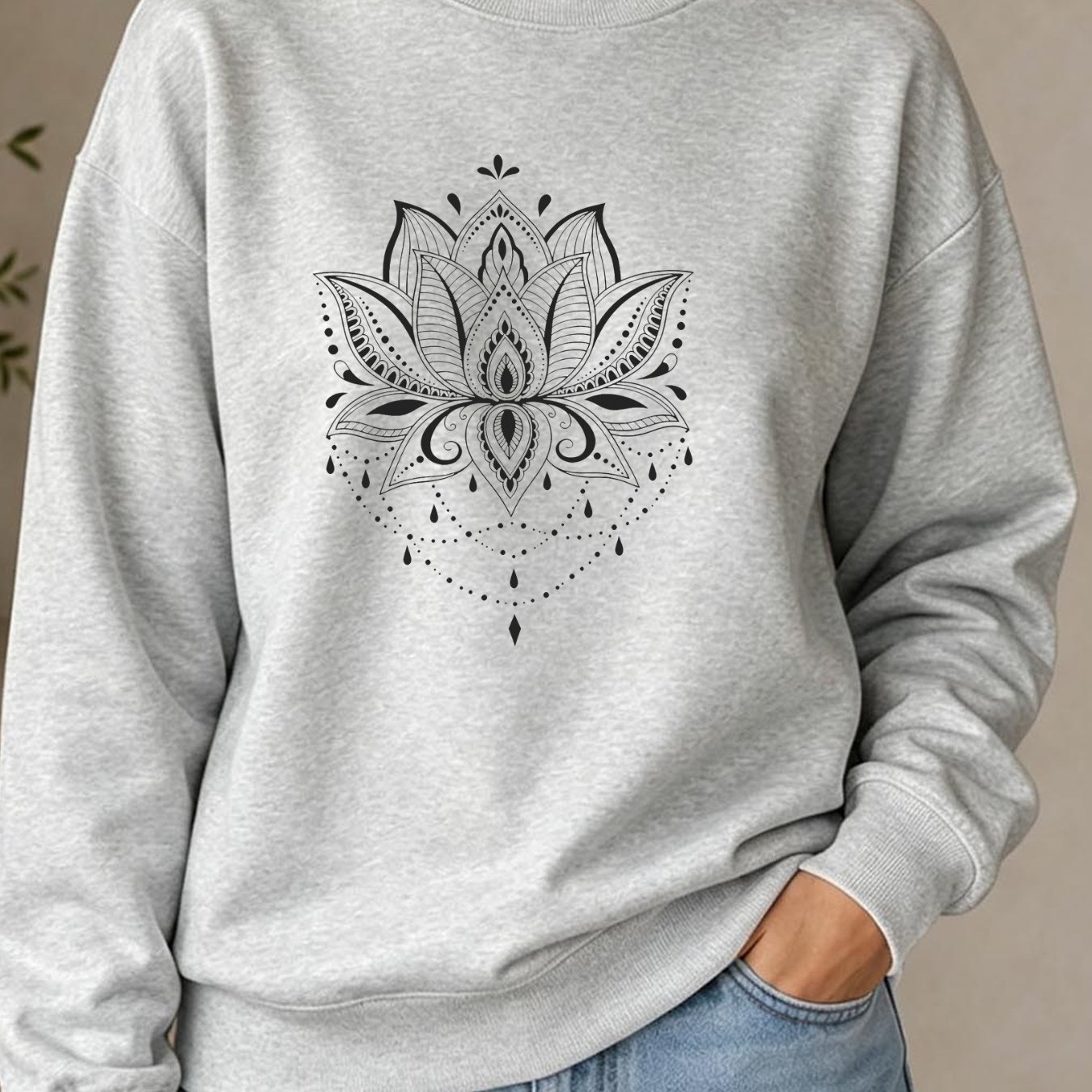 Image of Y2k Women's Crew Neck Pullover Sweatshirt - Black Lotus Print, Relaxed Fit, Machine Washable, Top, Local Stock
