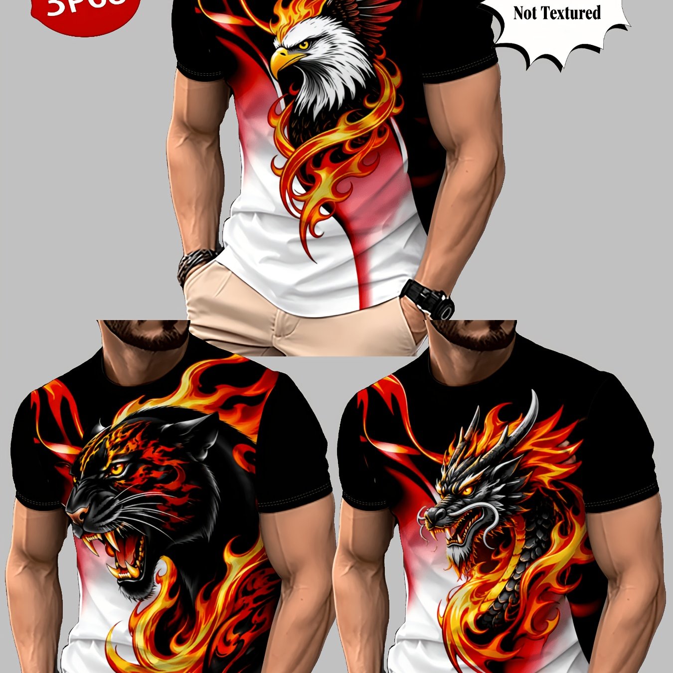 TEMU Printed Design - Not Textured Three-pc Men's Short-sleeve T-shirts, Black And Pattern Print, Tiger, Leopard, Eagle, Dragon Graphic Tops,