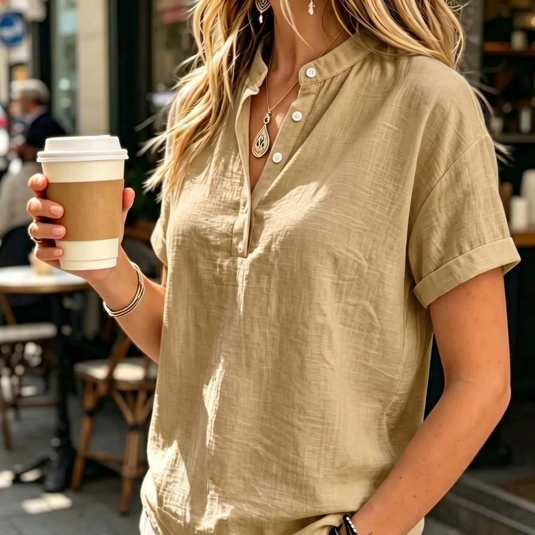 TEMU Ladies' Casual Solid Color Short Sleeve Shirt, Versatile Commuting Style Top, Loose And Comfortable, Lightweight And Breathable