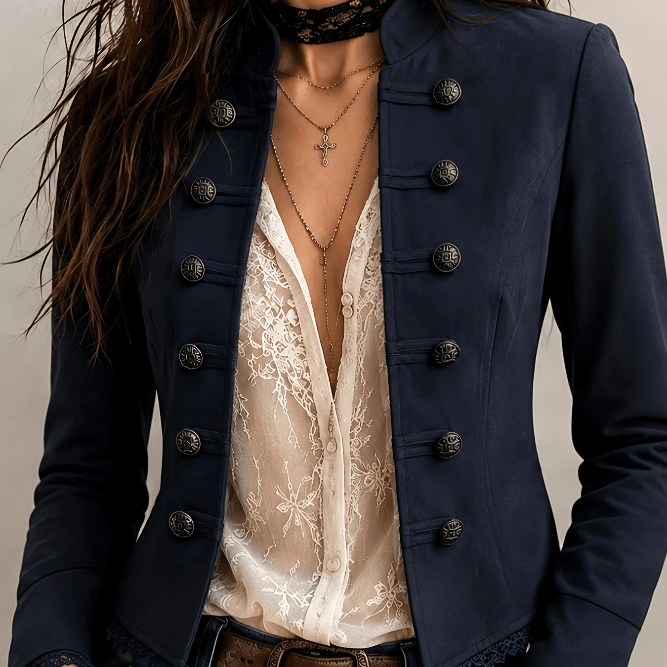 TEMU Women's Vintage Jacket, Double-breasted Design With Lace Trim
