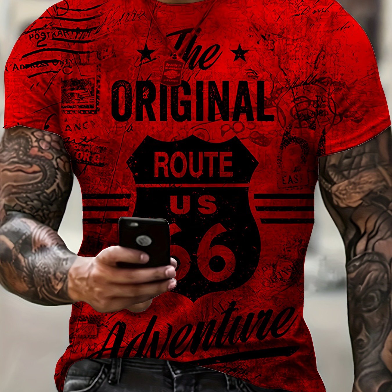TEMU Men's Vintage Graphic T-shirt - Classic Car And Gas Station Design - Vibrant Red Regular Fit Casual Theme Event Summer Streetwear Novelty Short