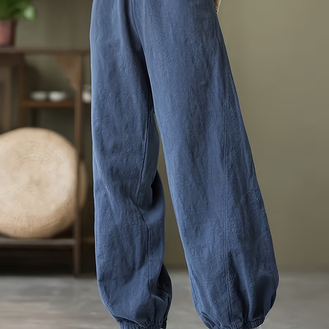 Image of Women's Casual Pants - Loose, Breathable, Retro High-waisted, , Spliced, Wide-leg Trousers, Solid Color Casual Lantern Pants With Pockets, Suitable For Spring And Summer