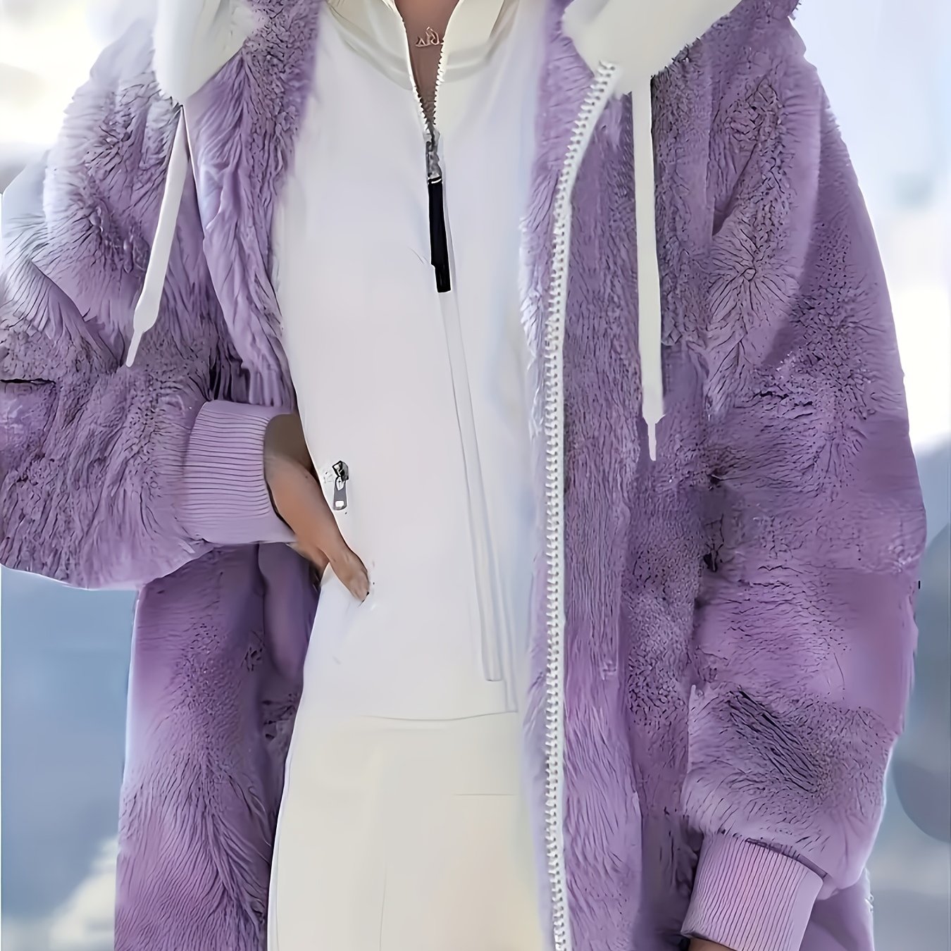 TEMU Women's Fleece-lined Elegant Hooded Coat, Versatile For Various Occasions, Warm Solid Plush Elegant Winter Reversible Fleece Coat, Various Fits