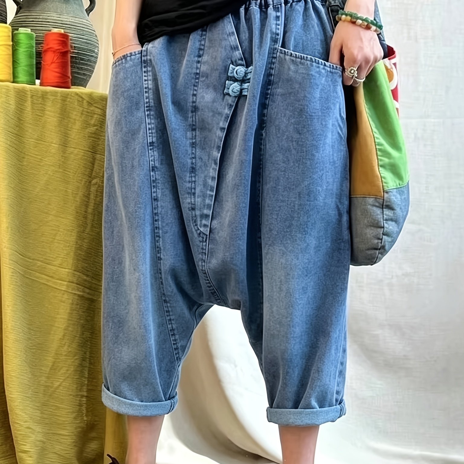 TEMU 2026 Women's European And American Washed Drop-crotch Jeans, Women's Loose Low-waist -point Denim Baggy Pants