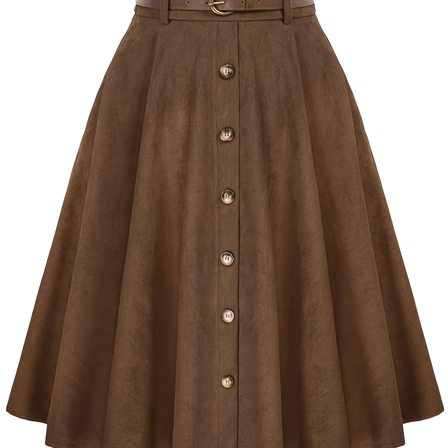 TEMU Women's Knee-length Vintage Button-waist A-line Holiday Commute Corduroy Elegant Autumn/winter Casual Skirt With Free Belt