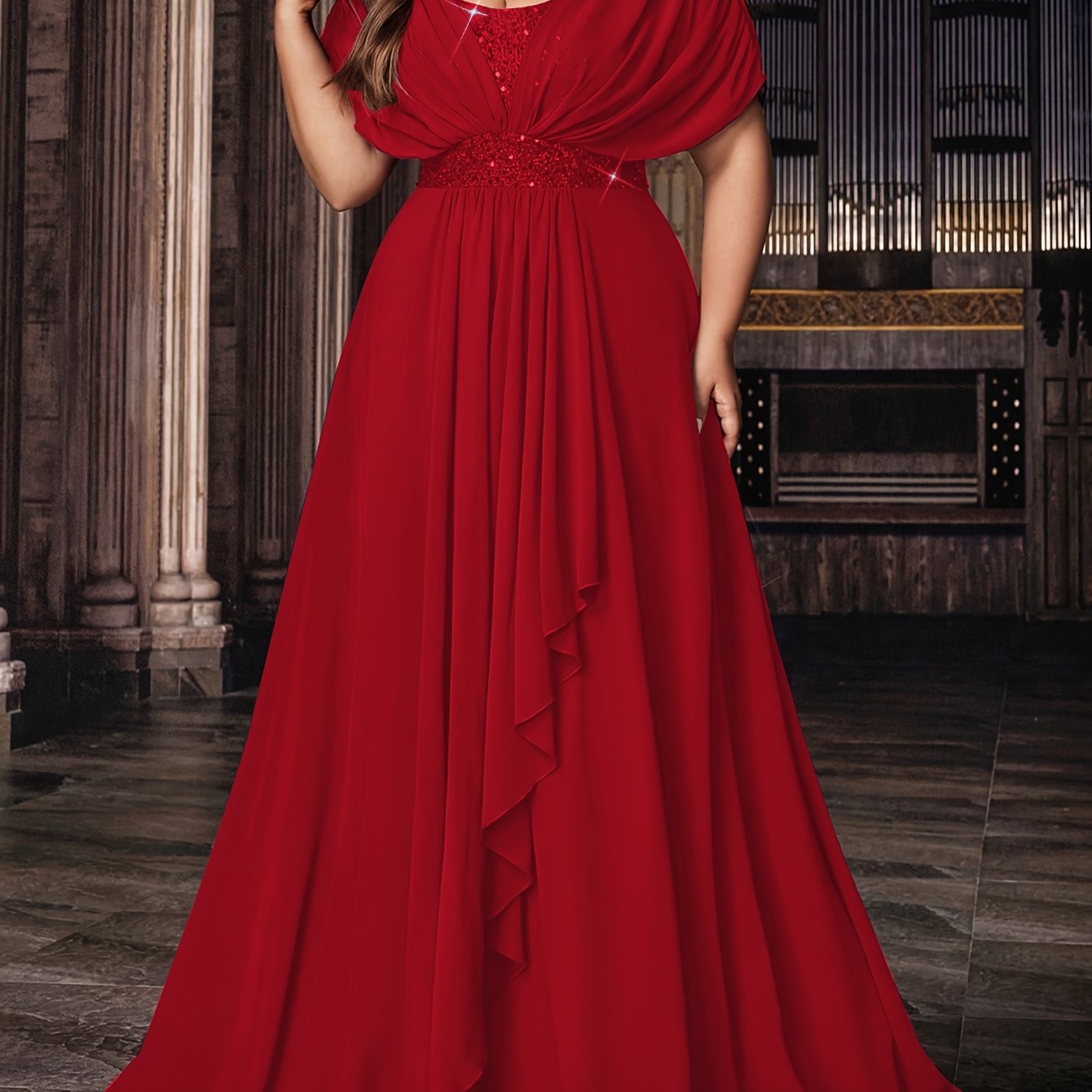 TEMU Plus Size - Plus Size - Plus Size Women's Elegant Chiffon Sequin Overlay Evening Maxi Dress - Perfect For Parties, Gatherings, And