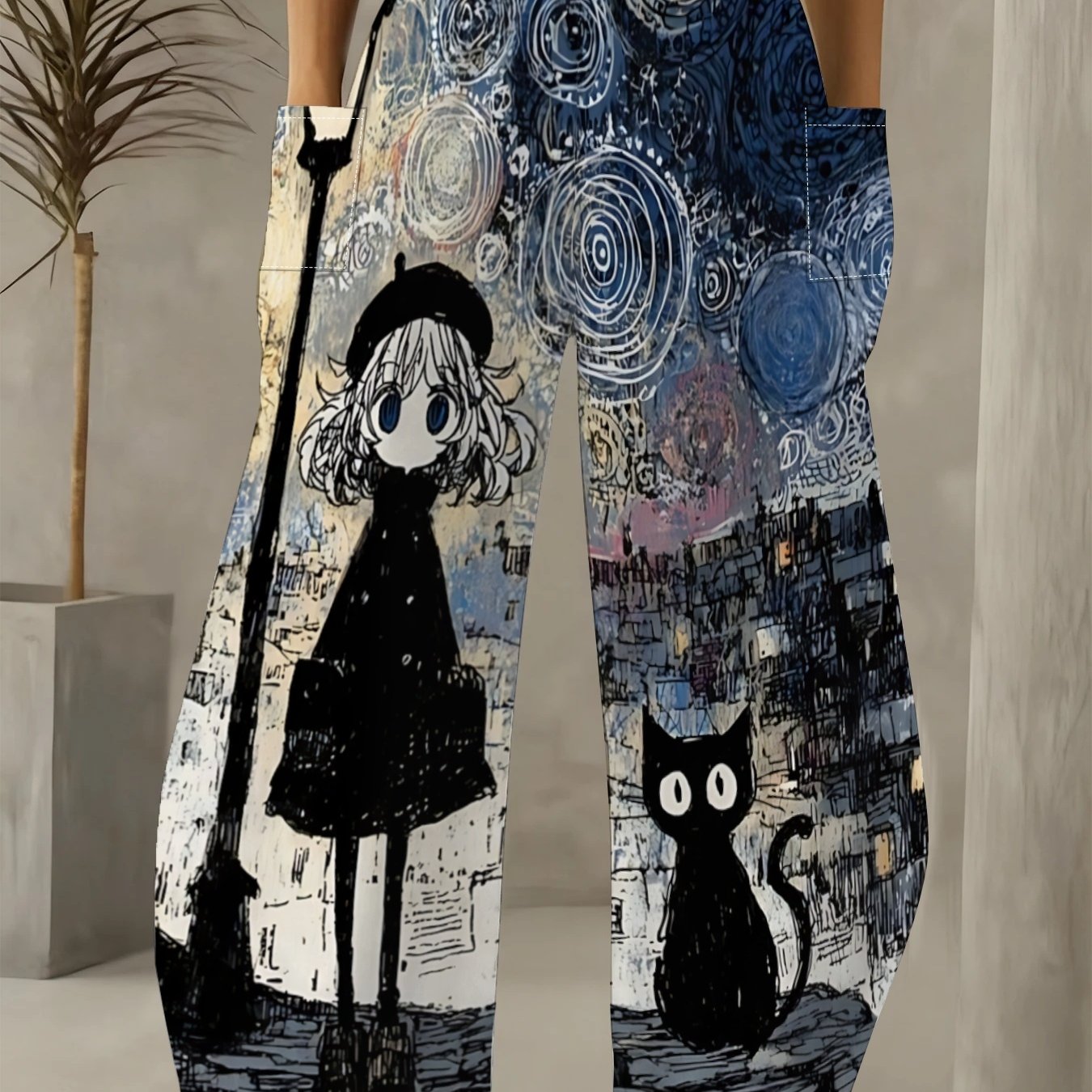 TEMU Plus Size, Dark Fairy Tale Style Women's Wide-leg Pants, Starry Night With Black Cat Art Graffiti Pattern, Elastic Waist, Flattering To All Body