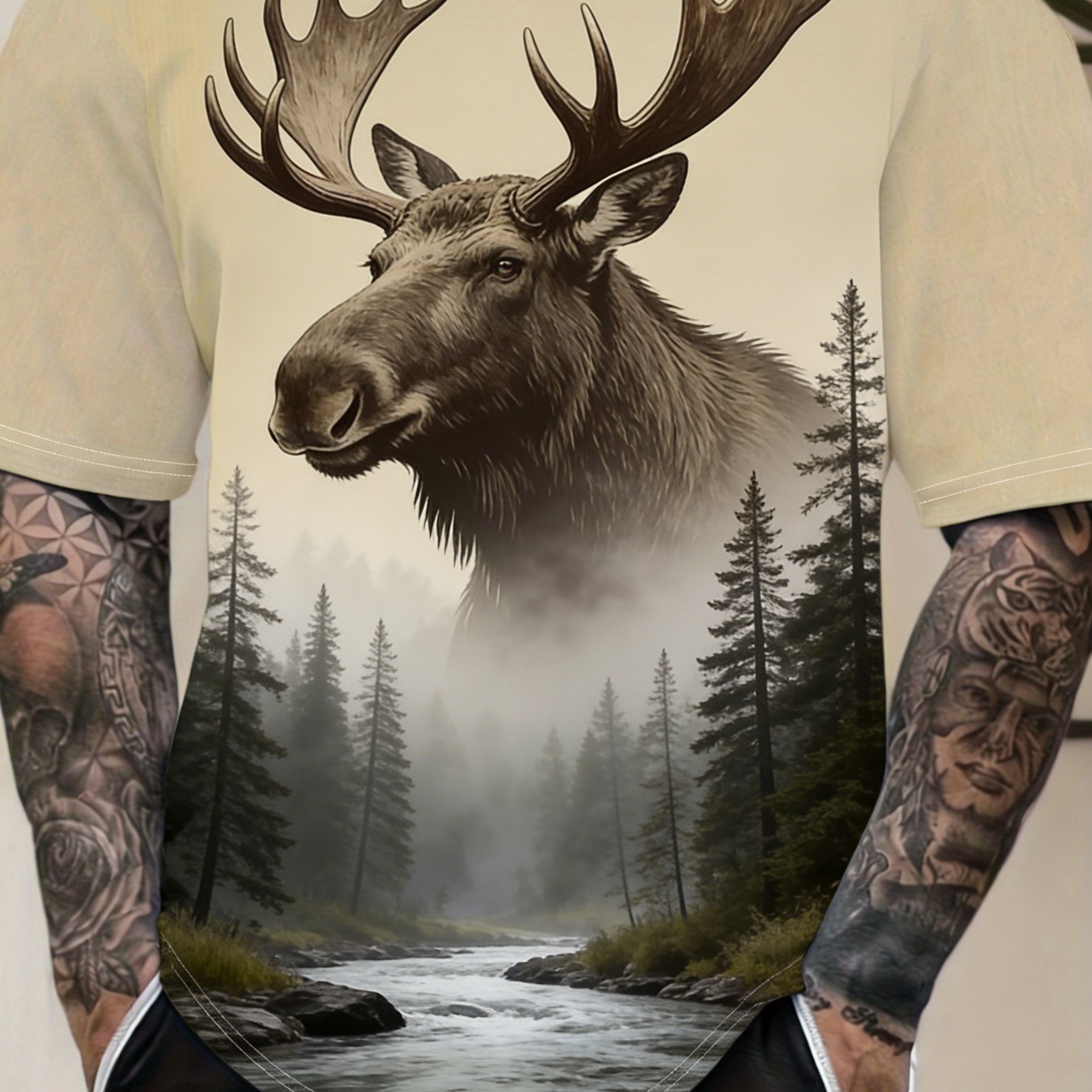 TEMU Men's Plus Size Moose Print T-shirt - Full-body Moose & Forest Short Sleeve Round Neck Casual Outdoor Wear Suitable For, Camping, Everyday Use,