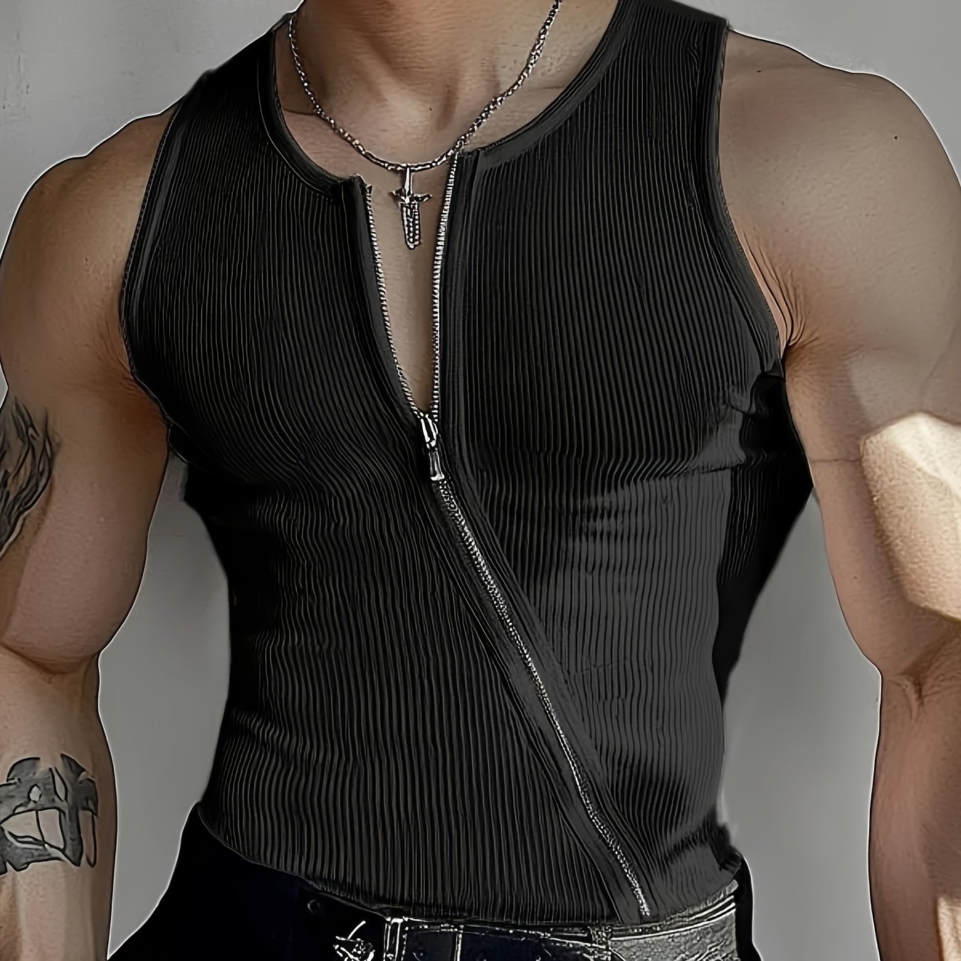 TEMU 2026 Zomer Nieuwe Heren Asymmetrische Volledige Rits Geribbelde Tanktop Slim Fit Ademend Ronde Hals Convertible naar V-Hals Mouwloos Streetwear