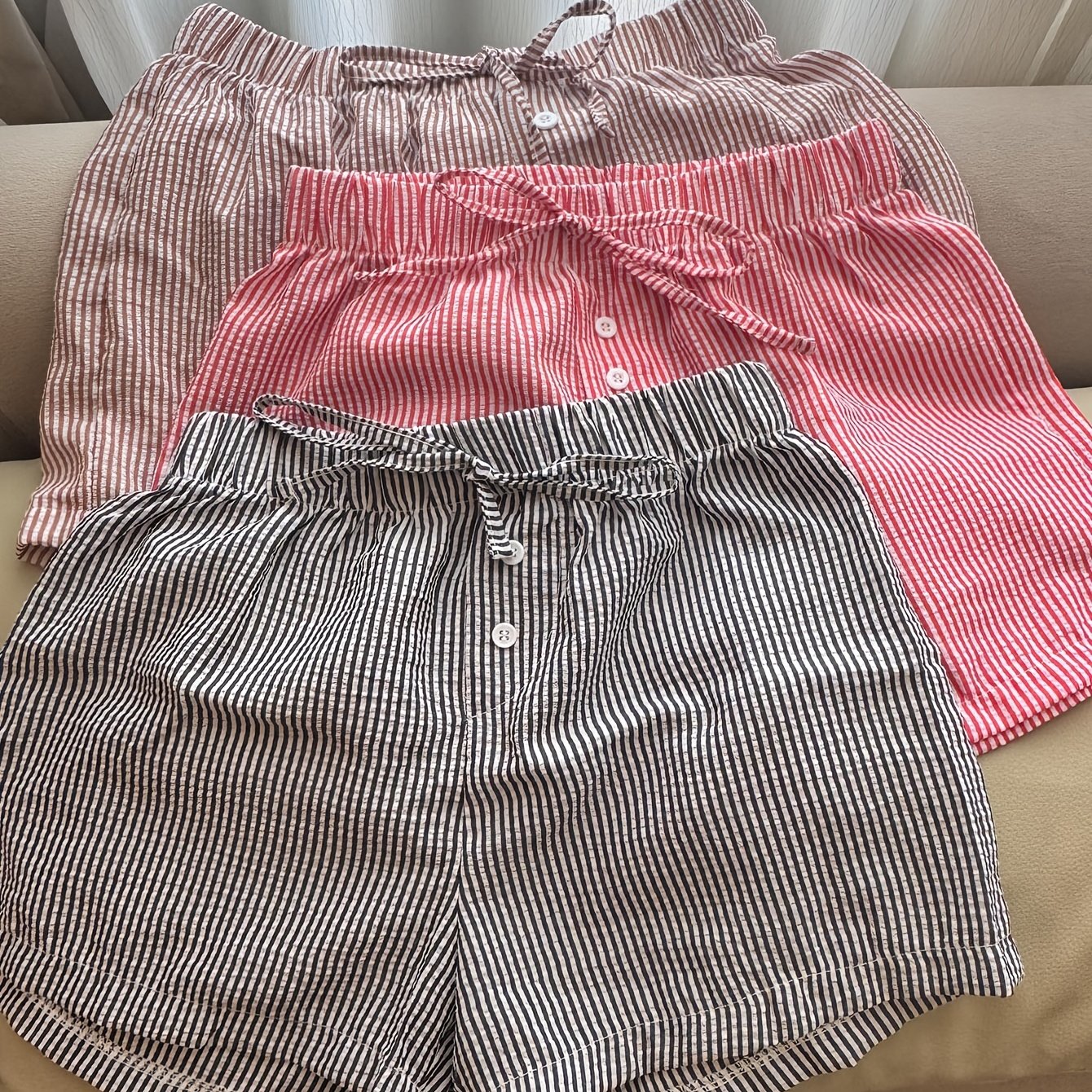TEMU 3pcs Striped Home Shorts Casual Comfortable Shorts Summer Elastic Waist Hot Pants