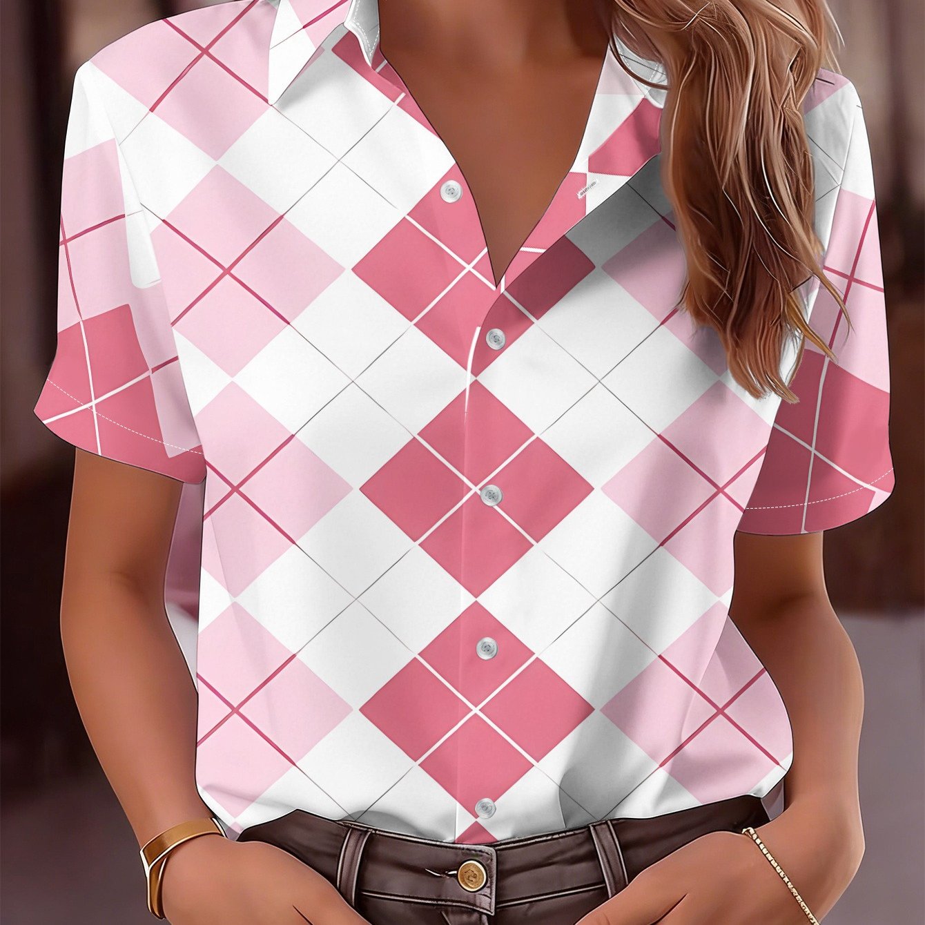 TEMU Women's Casual Short Sleeve Shirt With Diamond Check Pattern, Machine Washable Women's Top, Trendy Hot Item Button-up Shirt