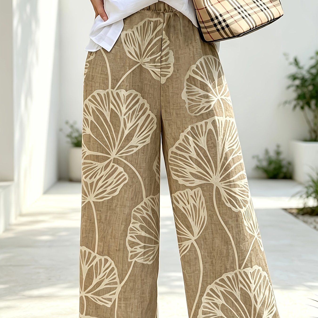 TEMU Plus Size, Plus-size Women's Printed Casual Pants, Summer Breathable Everyday Commute Vacation Versatile Wide-leg Trousers, High-waist Loose Fit