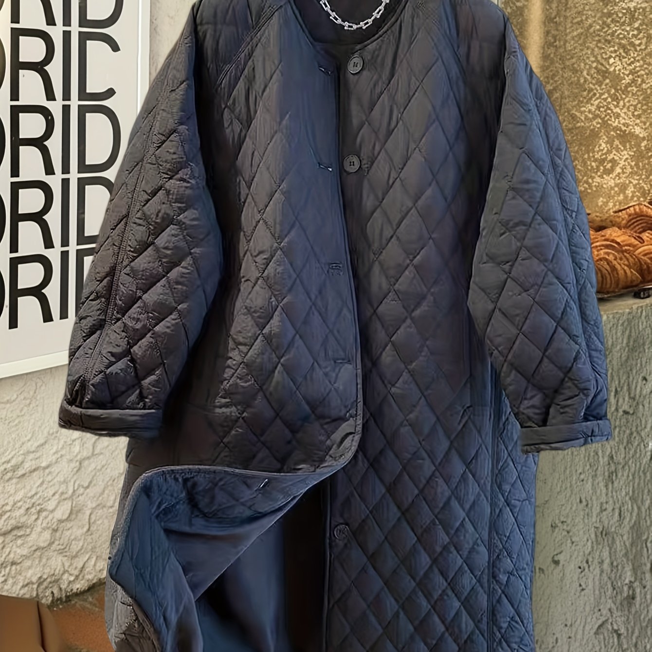 TEMU High-end Over-the-knee Long Coat For Women, New Winter Style, Loose And Casual, Lazy Style, Collarless Rhombus Jacket
