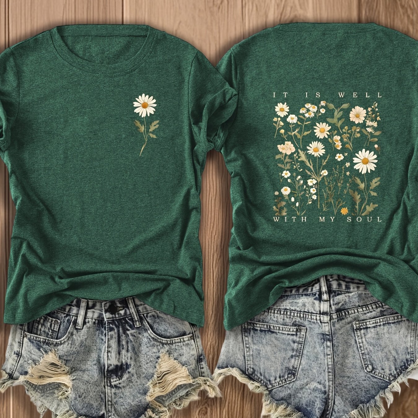 TEMU Double-sided Printed Women's T-shirt, Women's Blend T-shirt- Daisy Floral Print T-shirt- Vintage Style Patterned T-shirt, Suitable For Women's