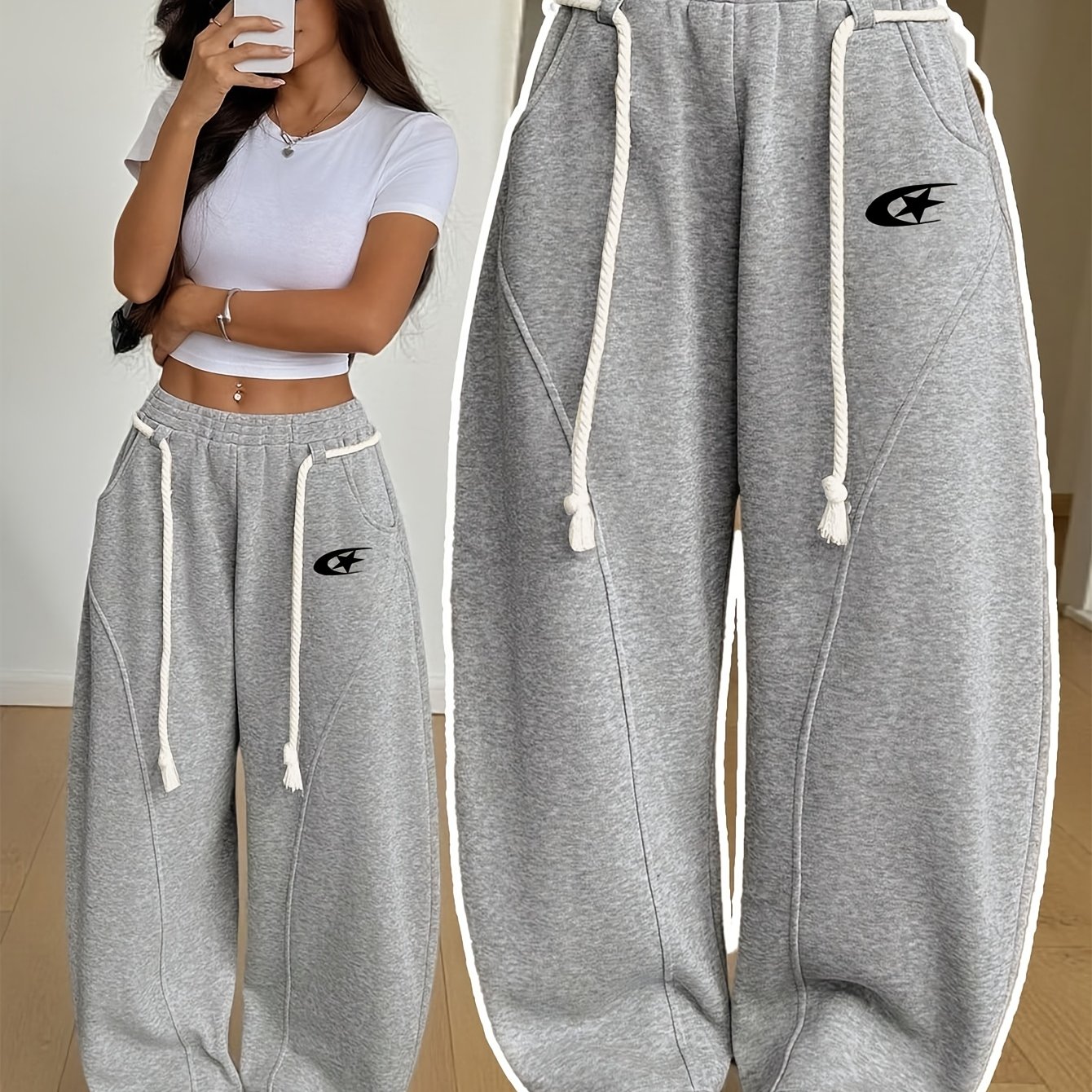 TEMU Pantalon large à jambe évasée et coupe décontractée doublé pour femme, automne/hiver - Marque de streetwear vintage amusante, unique et