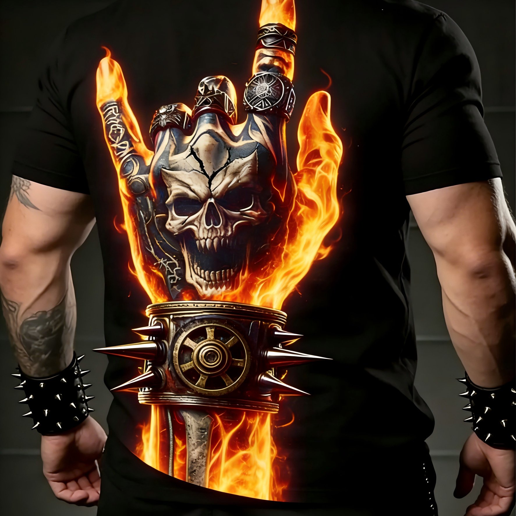 Image of Heavy Metal Gothic Style, Men's T-shirt, Flaming Skull Hand With Spiked Sword Design, Summer Casual Streetwear, Gift For Rock Music Fans And Bikers