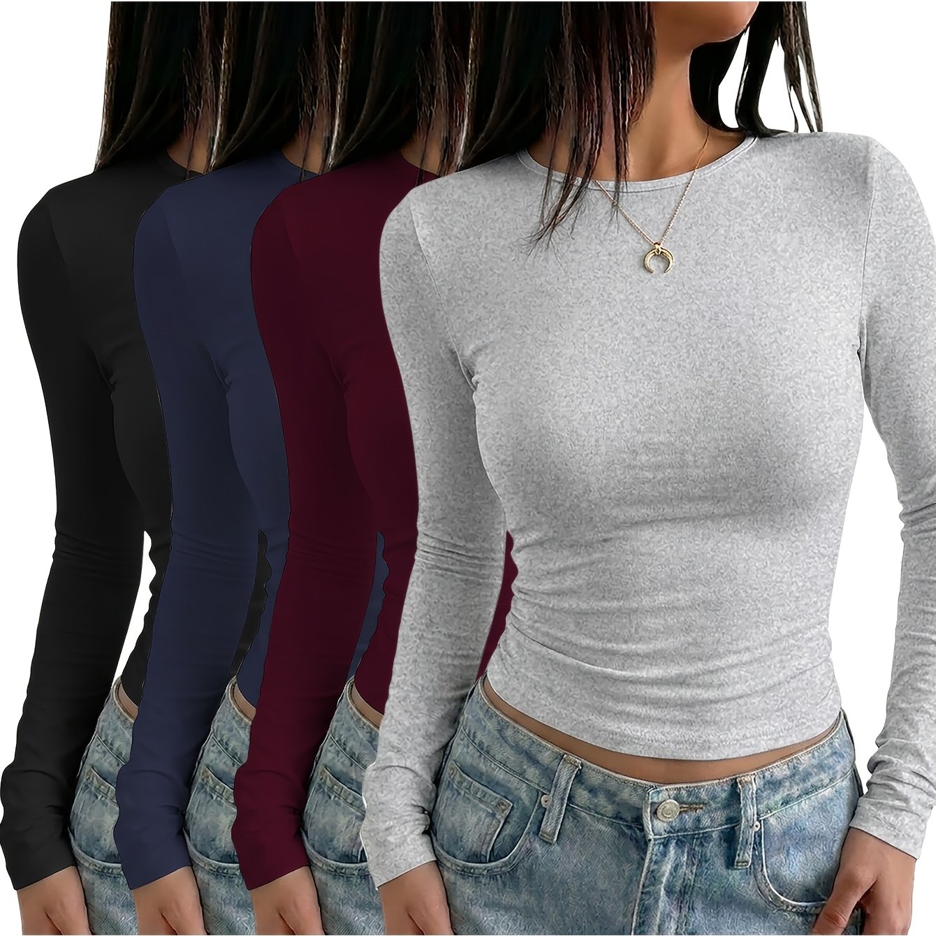 TEMU 4-pack T-shirt, Long-sleeve Round Neck Top, Suitable For Autumn And Winter Wear, Women's Clothing