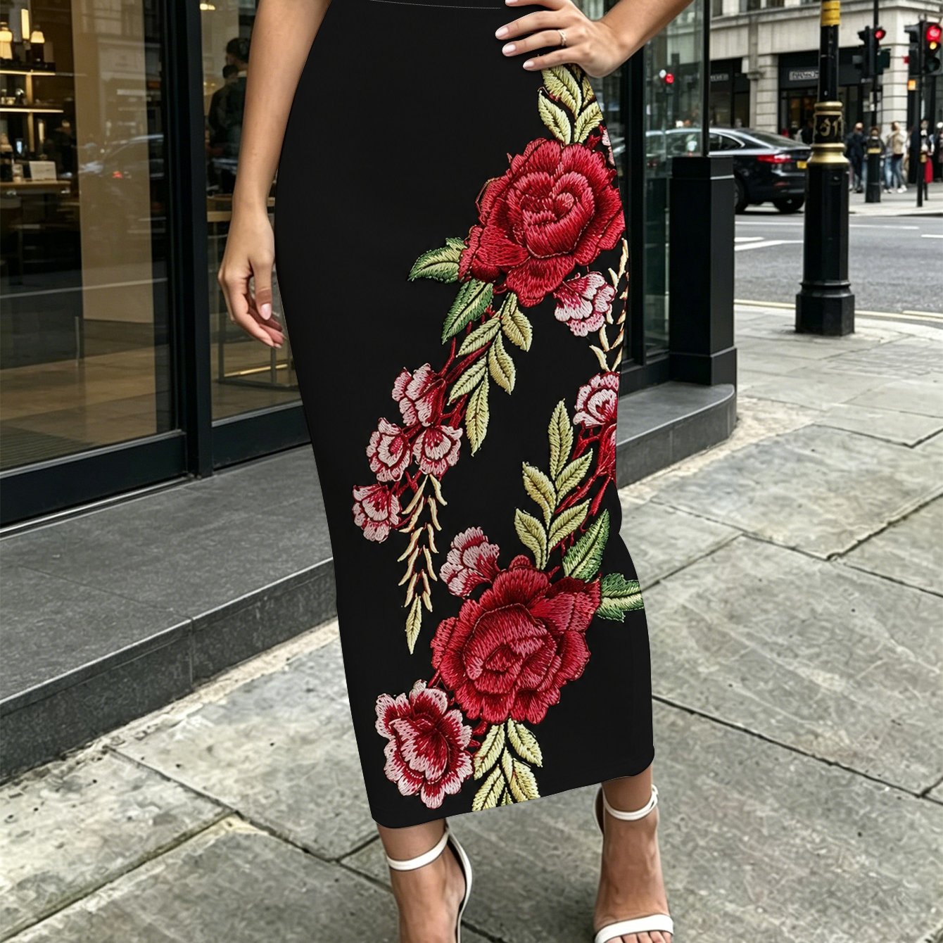 TEMU Red Rose Floralwomens Printed Medium To Long Tight Fitting Hip Hugging Skirt Living Room Street Travel Party Office Outdoor Casual Wear