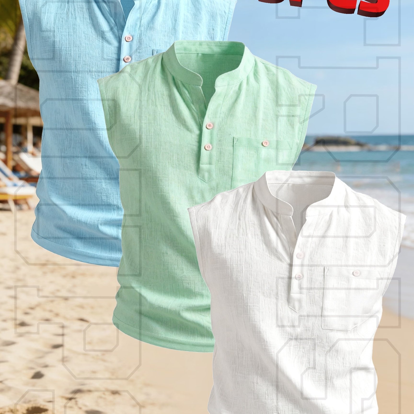 TEMU Rose Obm 3pcs Set, 2026 New Style Comfortable Men's Casual Vests, Henley Collar Regular Top, Lightweight And Breathable, Stylish Solid Color