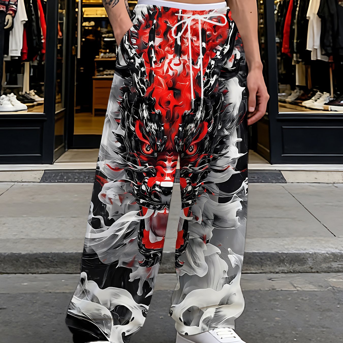 TEMU Men's Wide-leg Trousers - Loose Straight-leg Full-body Print Pants Suitable For Spring/autumn/summer, Casual Outdoor & Casual Attire, Machine