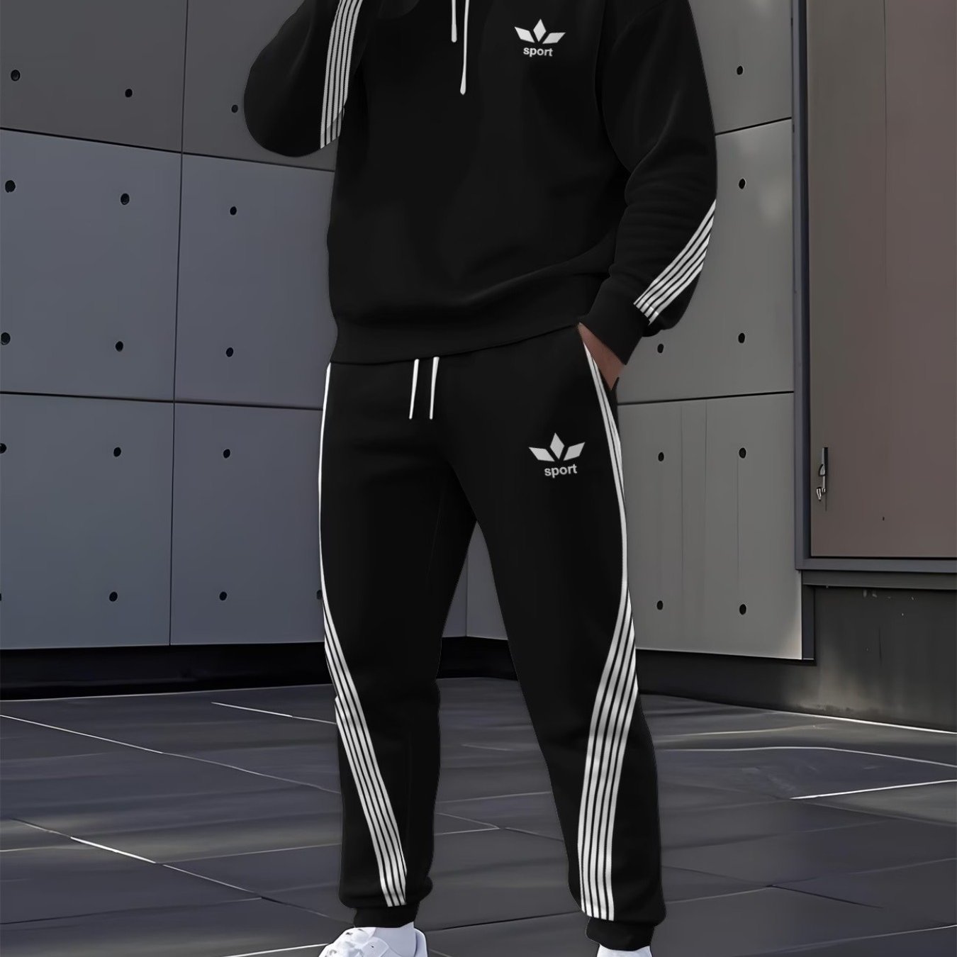 Urban Style Minimal Stripe Accent Pattern Men's Casual Outfit 2pcs Hoodie And Joggers Set Trendy Daily Wear Weekend Wear Birthday Gift For Husband Father's Day Gift, Plus Size
