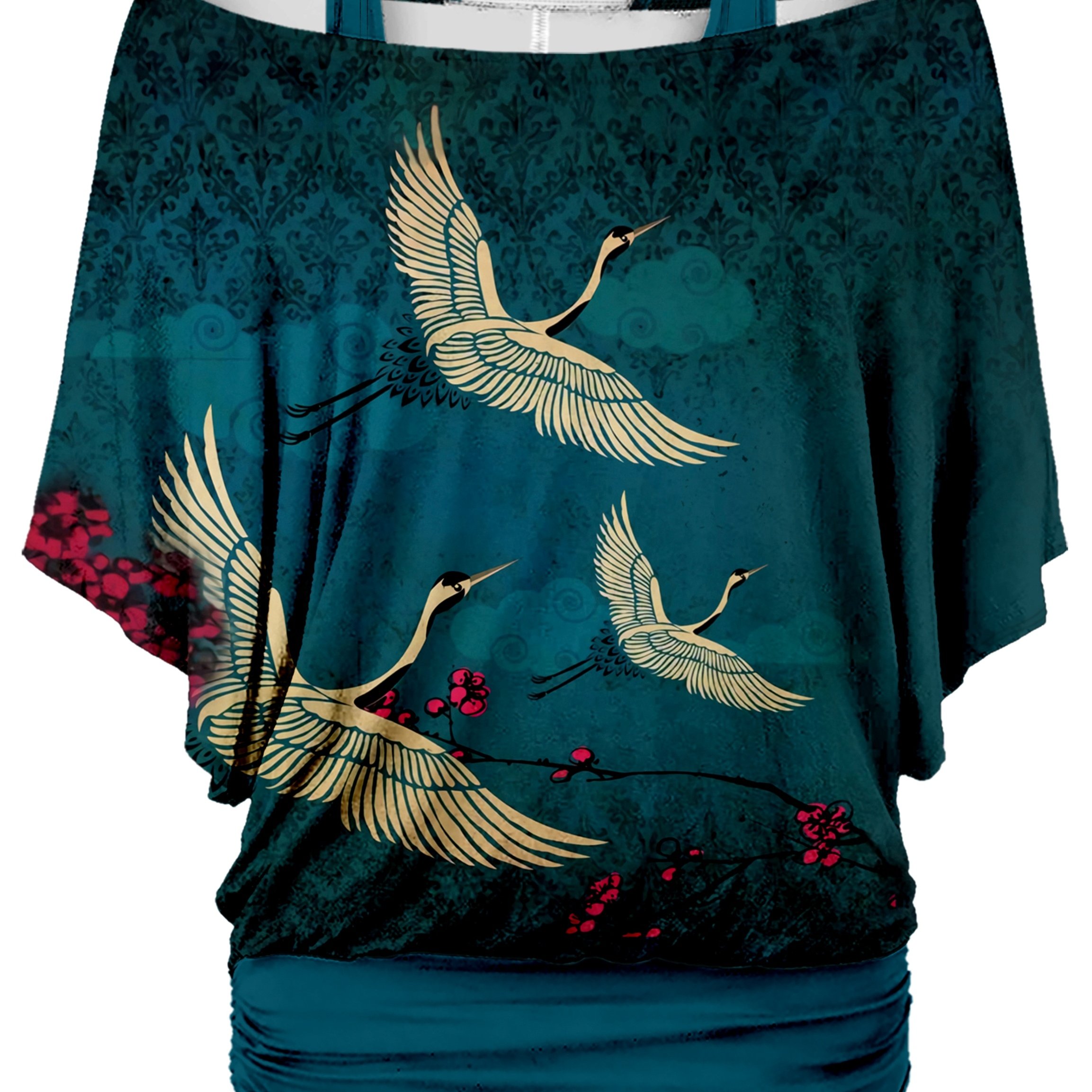 E-shop Damen-T-Shirt in Übergröße, locker geschnitten, mit japanischem Sonnenuntergang-Kranich-Blumen-Kunstdruck, elegante Oberteile