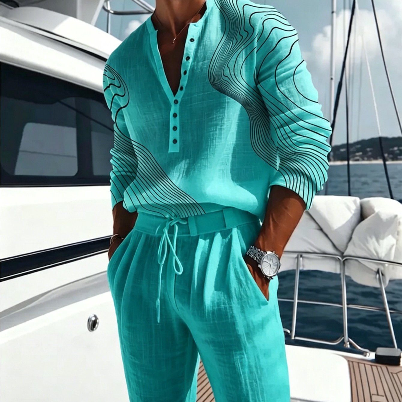 Men'-piece Set: Long-sleeve Henley Shirt With Abstract Black Outline Print And Drawstring Waist Solid Color Casual Wide-leg Pants, Yacht And Beach Vacation Set