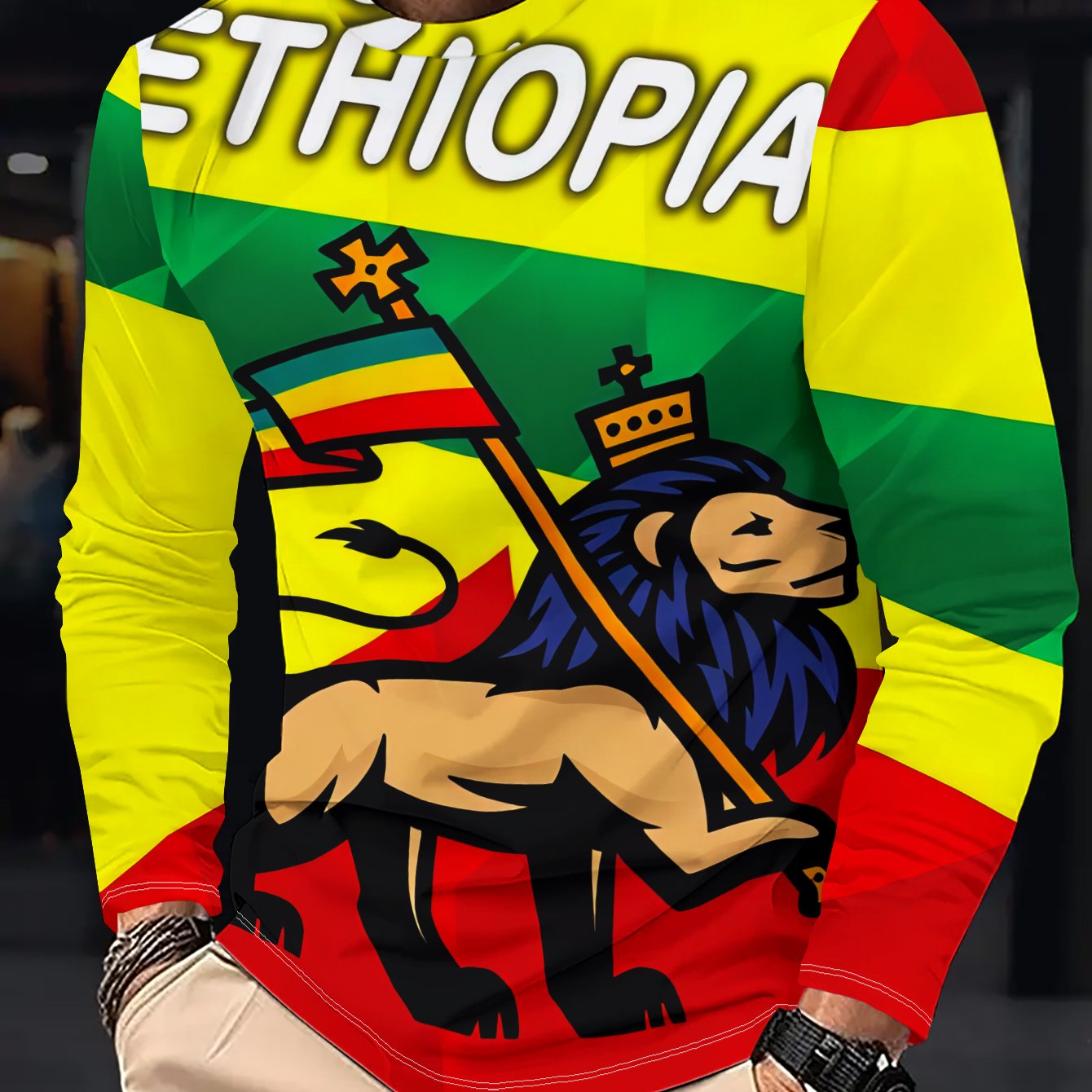 TEMU Men's Lion & Flag T-shirt - Soft Casual Long Sleeve Shirt Suitable For Spring/autumn Outdoor Wear, Street Fashion With Ethiopia , Machine