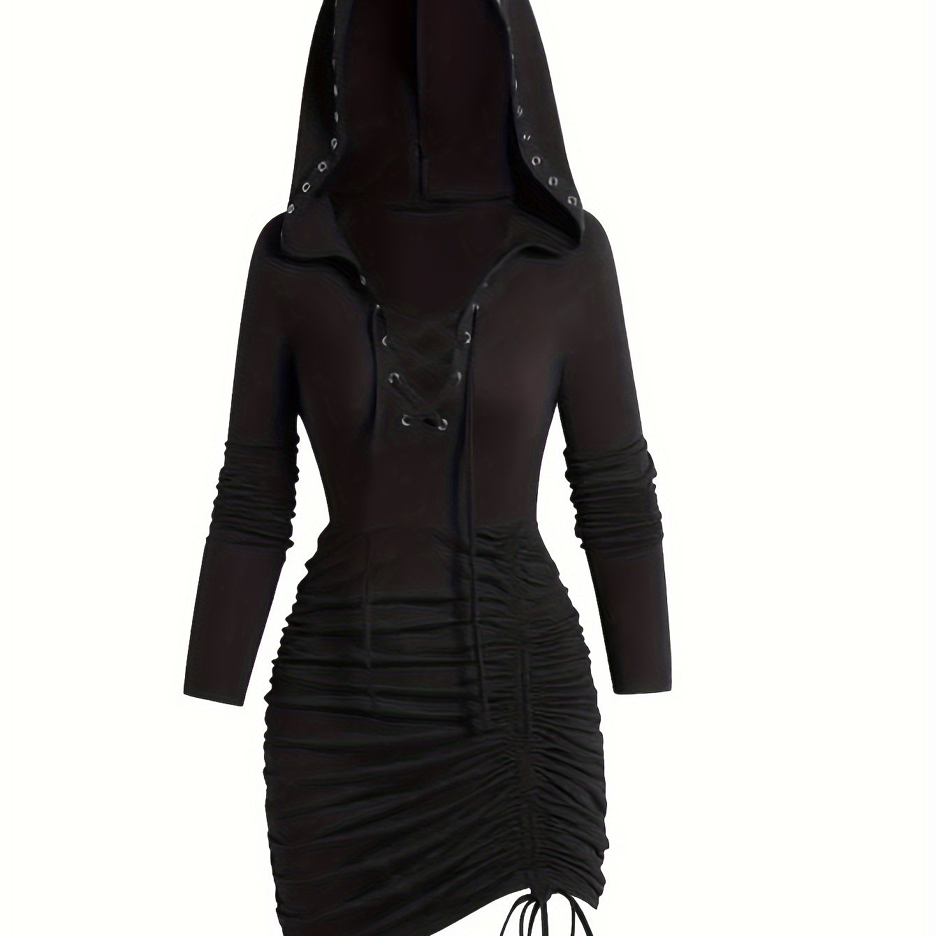 Targeted Development Hooded Dress, Long Sleeve V-neck Long Dress With Detail