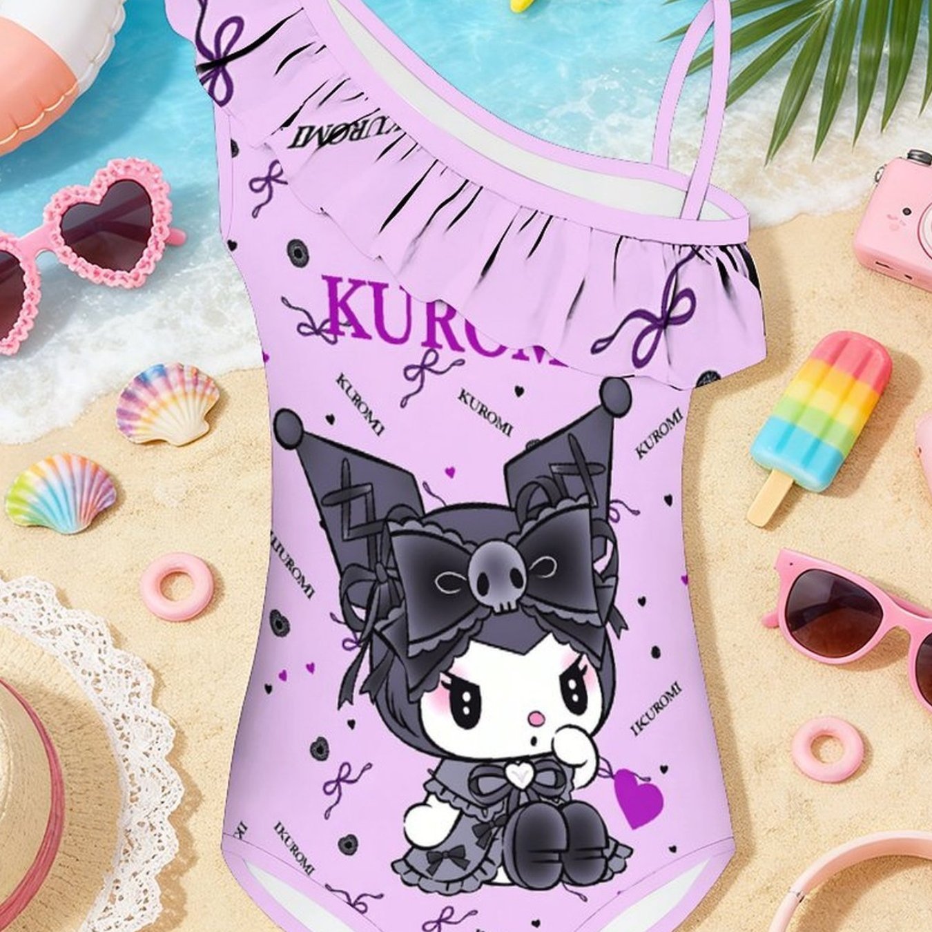 Image of ' Trendy 1pc Swimsuit With Hem Hello Kitty And Kuromi-cinnamoroll Print For Casual, Cute, Everyday, Travel, And Vacation Wear