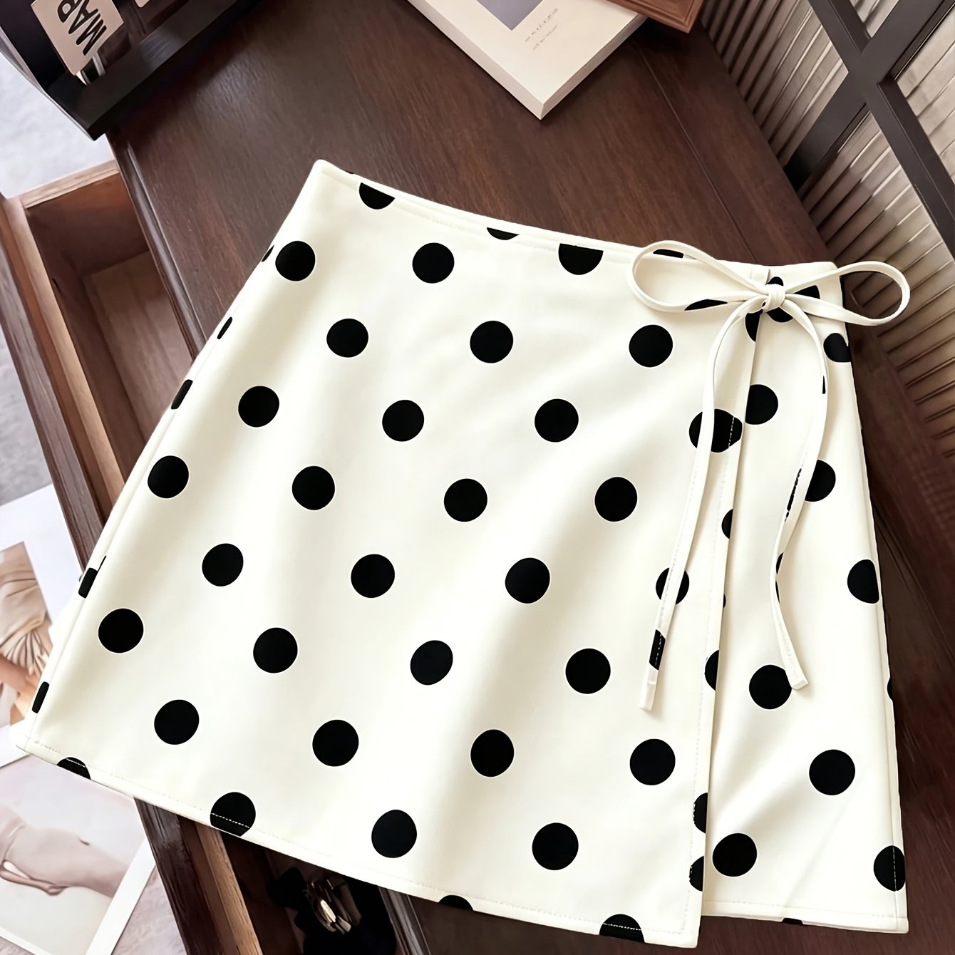 TEMU Women's Summer Fashion Commuter Polka Dot Front Bow A-line Short Skirt