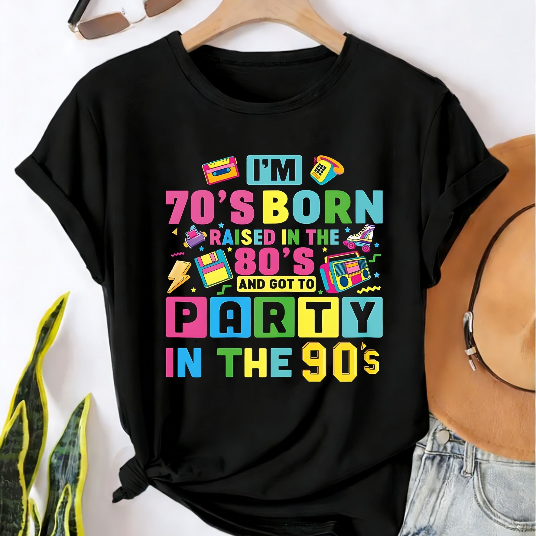 TEMU Women's Plus Size 70s 80s 90s Retro T-shirt - Vintage Born In 70s/80s/90s Graphic Print Round Neck Short Sleeve Top, Comfy Stretch Suitable For