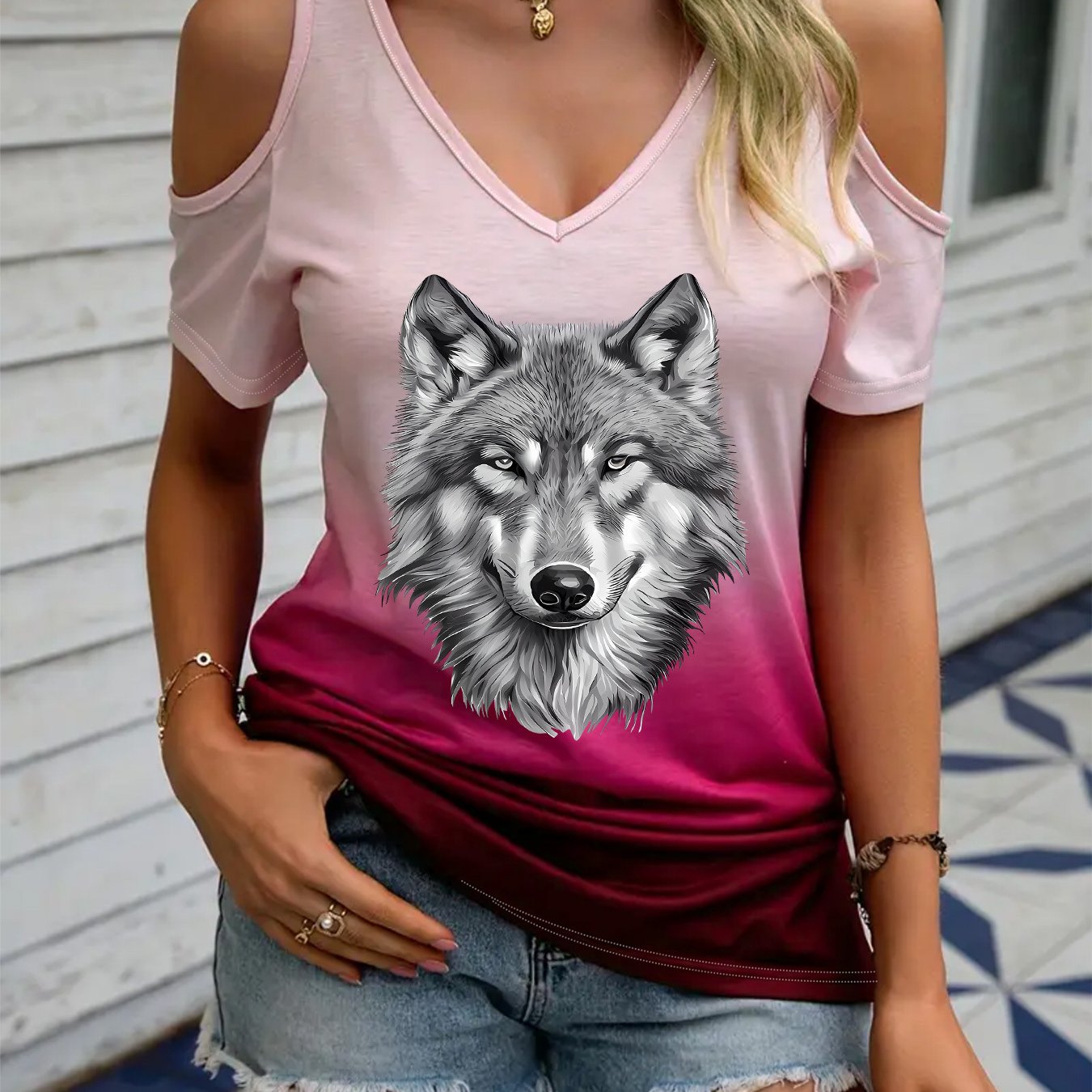 TEMU Graphic Print T-shirt, Short Sleeve V Neck Casual Top For Summer & Spring, Women's Clothing