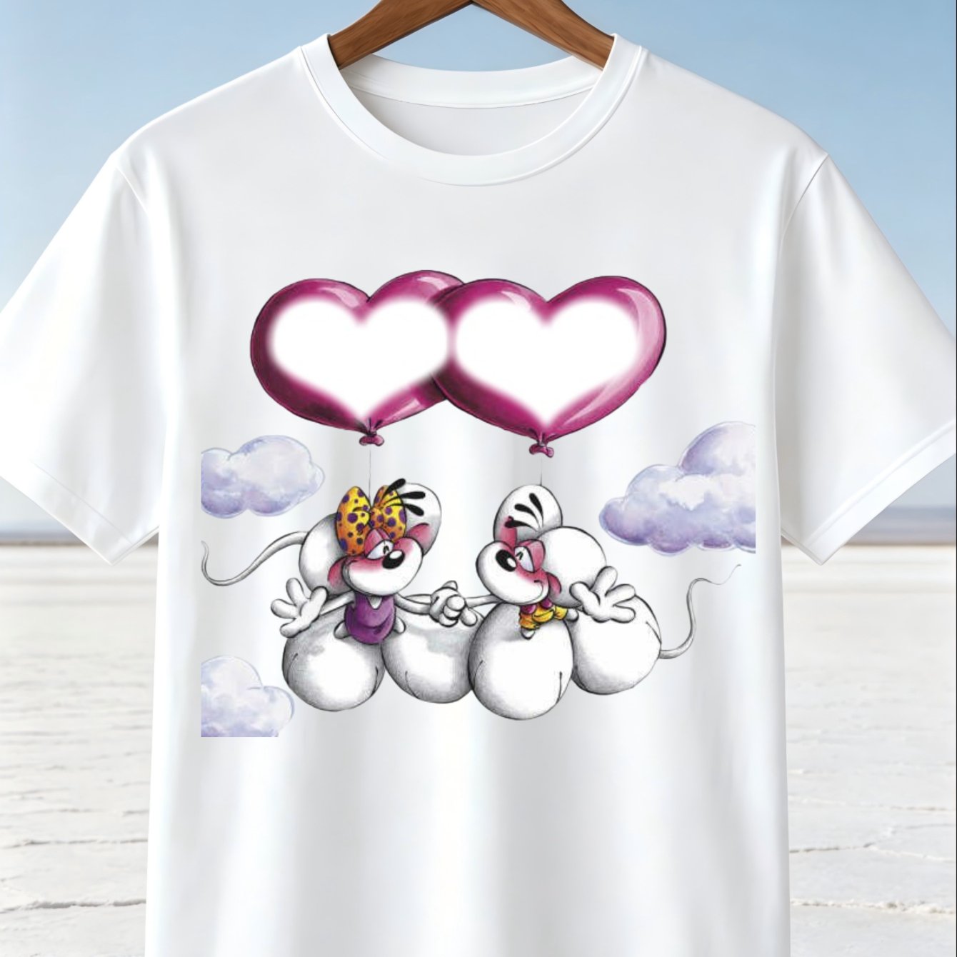 Heart Balloon Cartoon Mice T-shirt Cute Couple Holding Hands Pink Romantic Illustration With Whimsical Style Unisex All T-shirt