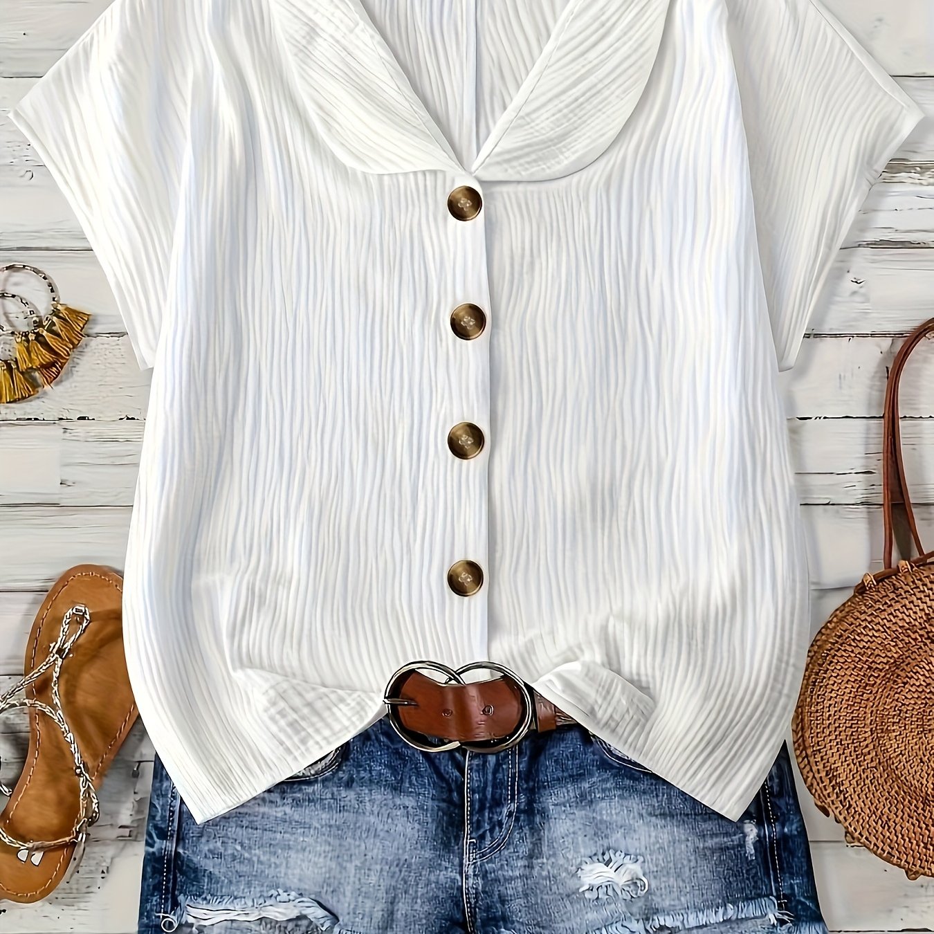 Plus Size, Plus Size Women' Color Single-breasted Casual Lapel Textured Short Sleeve Shirt, 1pc