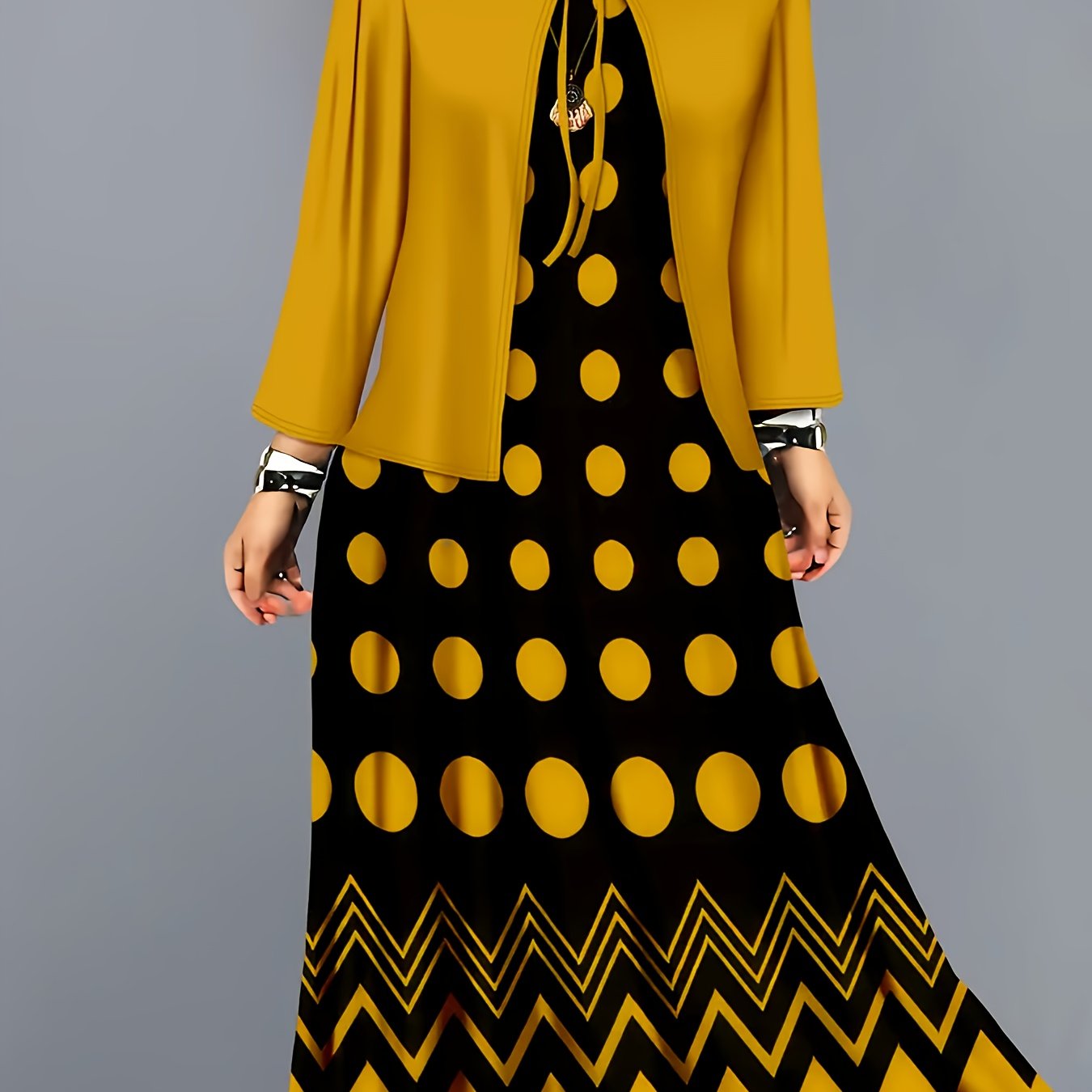 TEMU Elegant Dress Set, Geometric Pattern Print Fashionable Vacation Outer Jacket Vest Maxi Dress Set, Spring And Autumn Comfortable Regular Fit