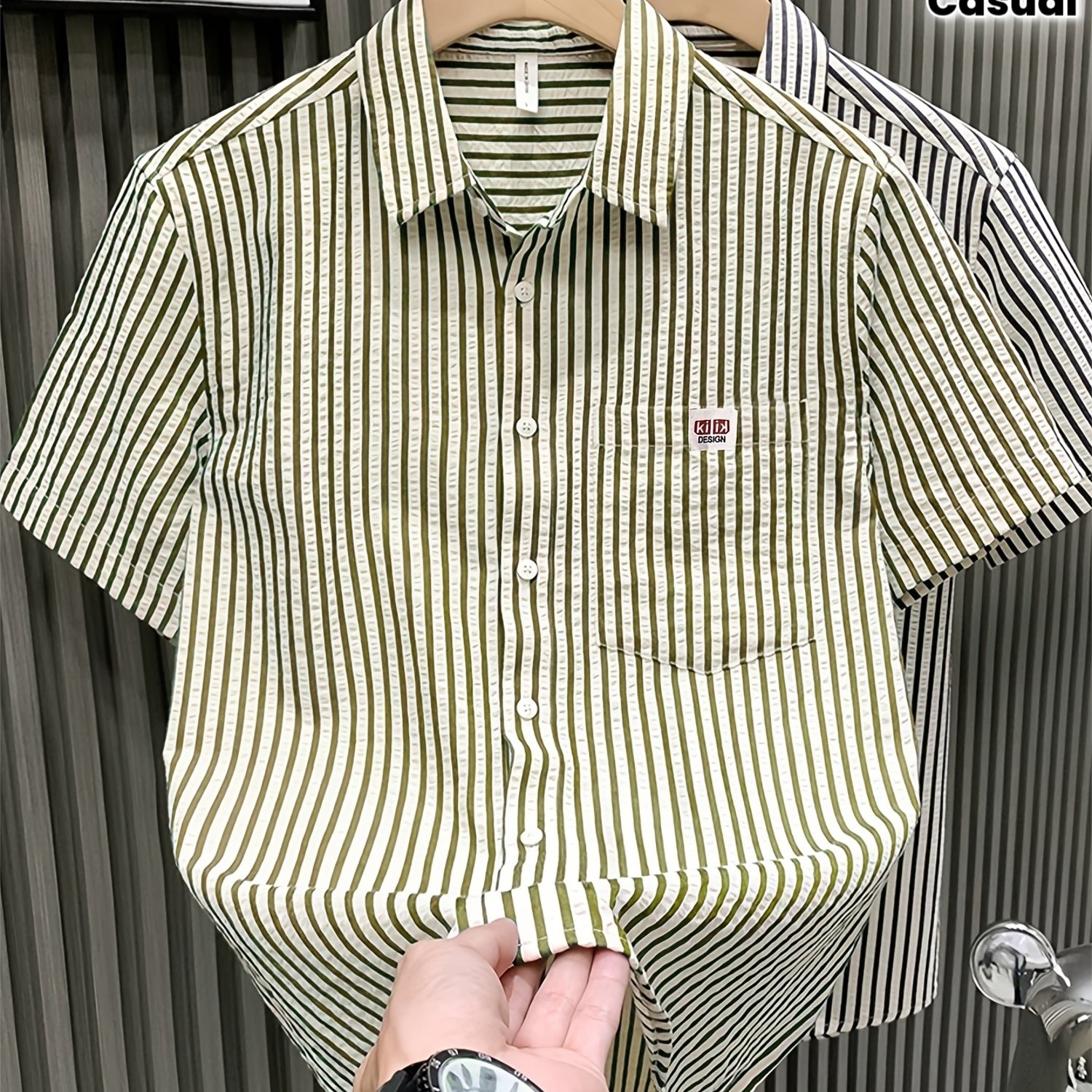 TEMU 【商品名】夏 薄手 カジュアル ストライプ シャツ 半袖 おしゃれ 万能 フ コート トレンド バブルクロス ハーフ袖 五分袖 トップス