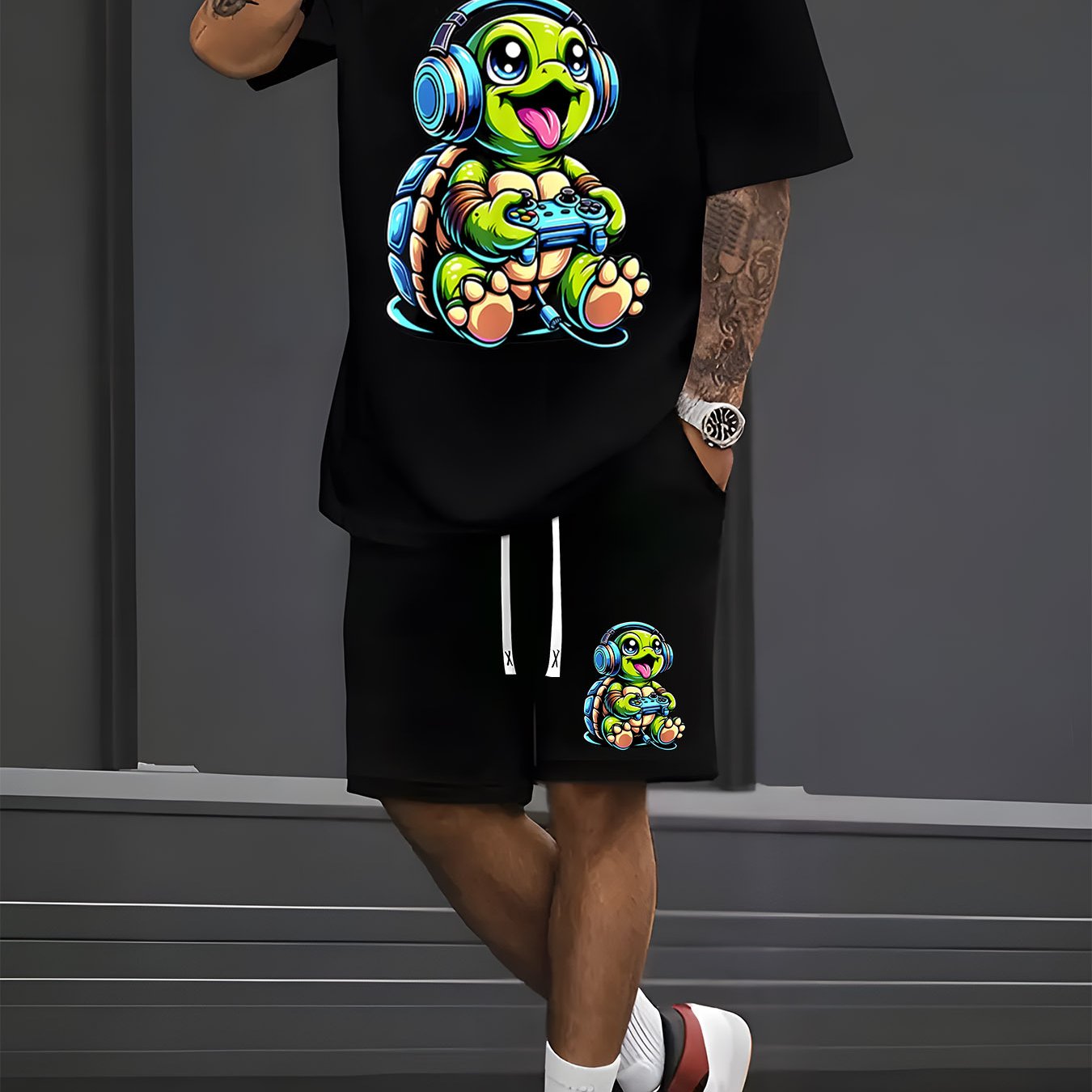 TEMU Men's Short-sleeve T-shirt With A Turtle Game Pattern And A Pair Of Fitted Shorts, A Casual Sports Outfit Suitable For Spring And Summer