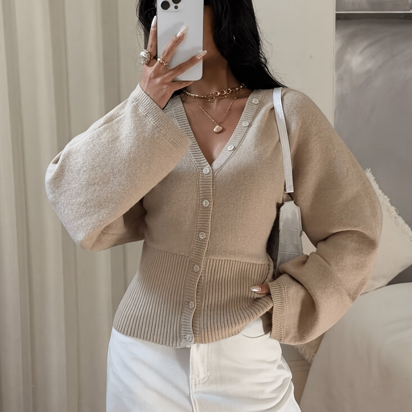 TEMU Gentle Style Belted Cardigan, Khaki V-neck Waist-cinching Lantern Sleeve Sweater, Elegant Versatile Outerwear Top
