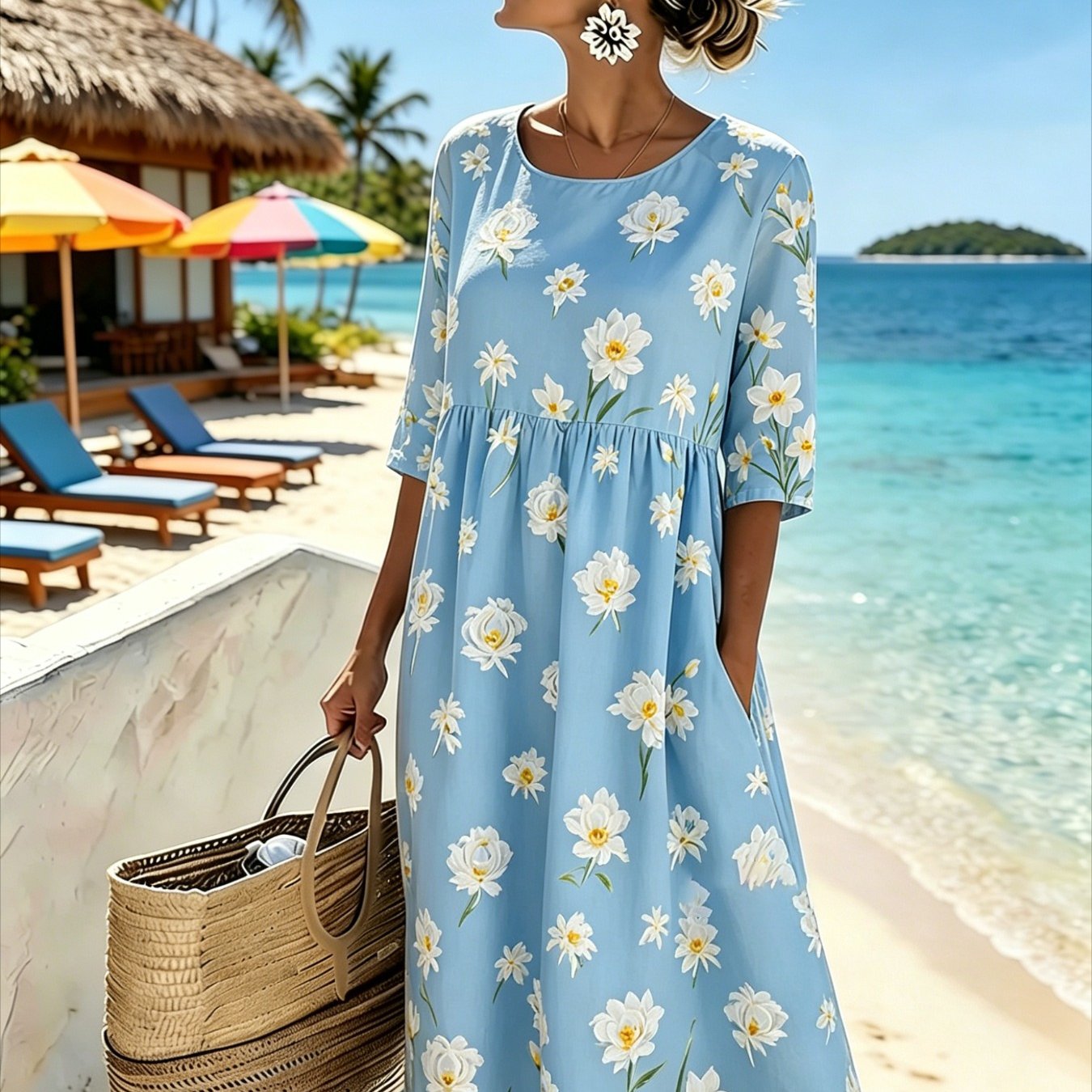 Women's Elegant Midi Dress - Casual 3/4-sleeve, Crew Neck, Loose-. Machine Washable. A Comfortable Beach And Vacation Dress, Perfect For Travel, Getaways, And Everyday
